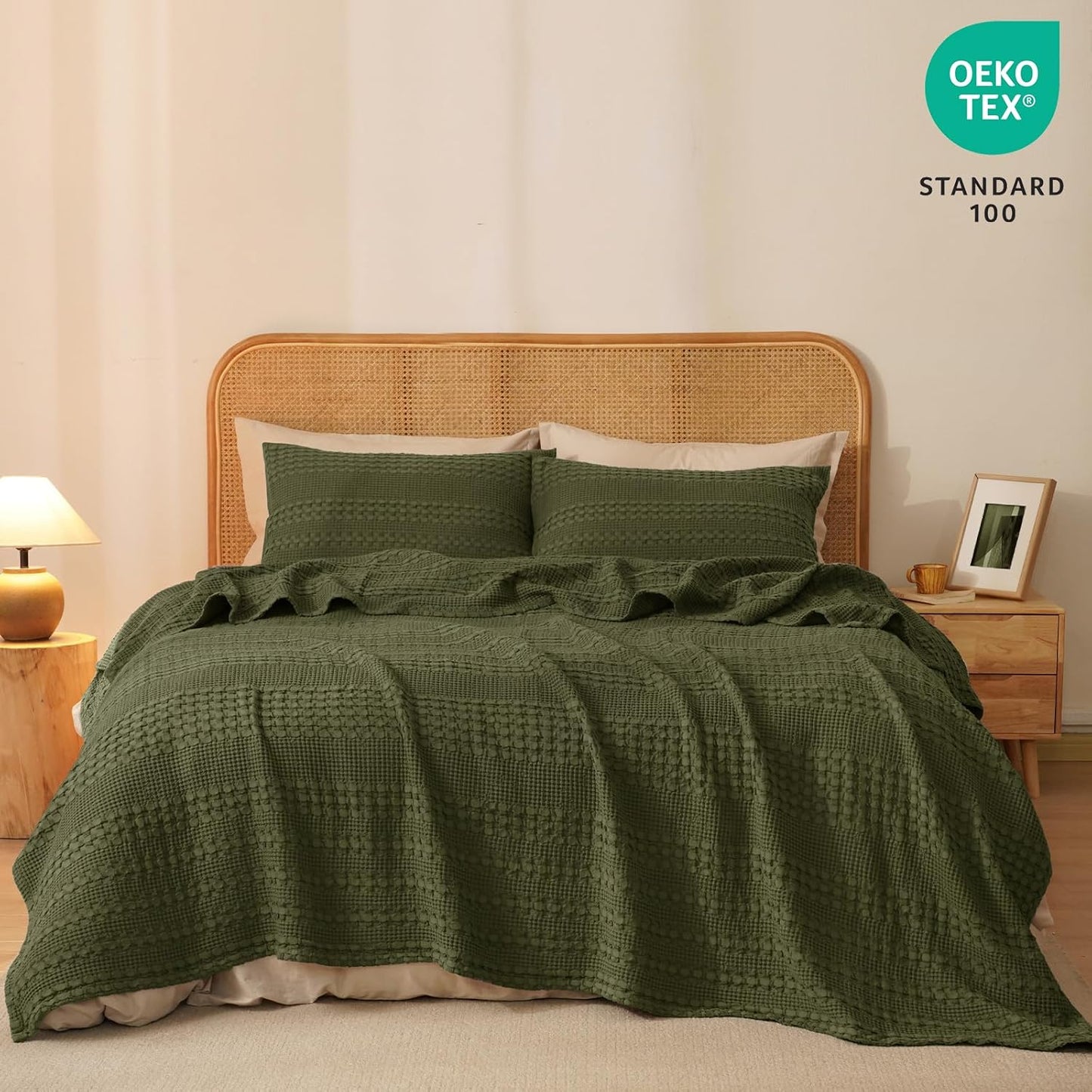 PHF 100% Cotton Waffle Weave Blanket Queen Size, Soft Lightweight Breathable Cozy Summer Blankets for Bed, Luxury Aesthetic Woven Bedding for Home Decor, 90"x90", Capulet Olive