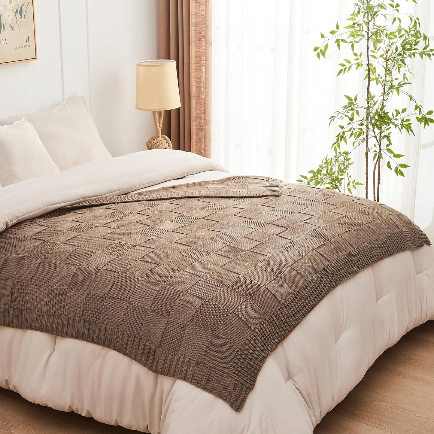 CozeCube Check Knit Throw Blanket, Light Brown Checkered Throw for Couch, Decorative Christmas Soft Cozy Warm Knitted Blanket for Bed Sofa Living Room, 60"X80"