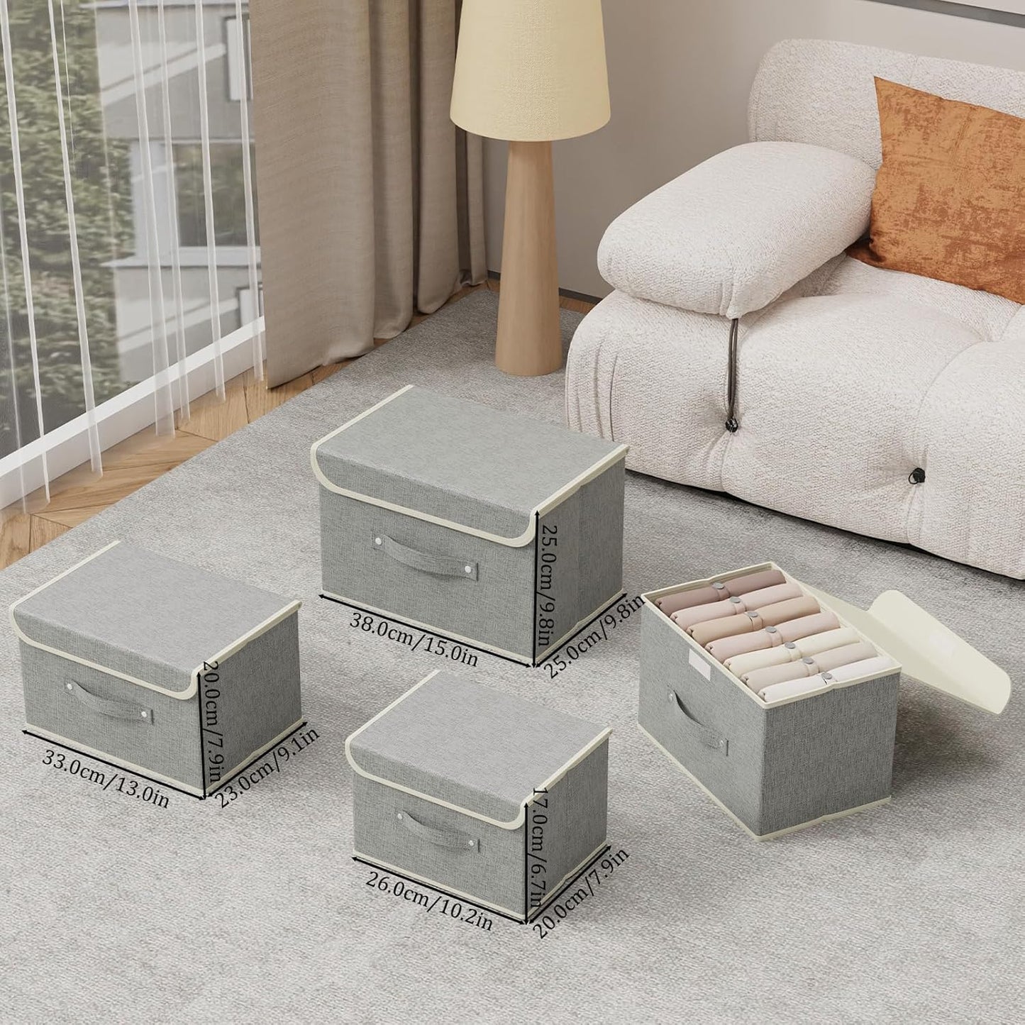 Storage Boxes, Collapsible Storage Bins with Lids, Cotton and linen cloth Storage Baskets with Handle, for Books, Closet, Bedroom, Home, Grey, 3 Pack 10.2 X 7.9 X 6.7in