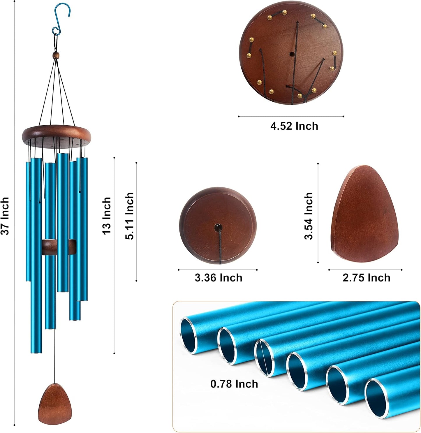 Large Aluminium Wind Chimes 37 Inches to Create a Zen Atmosphere Suitable for Outdoor, Garden, Patio Decoration. Classic Wind Chimes with Wind Catcher Suitable as A Gift for Unisex(Blue)