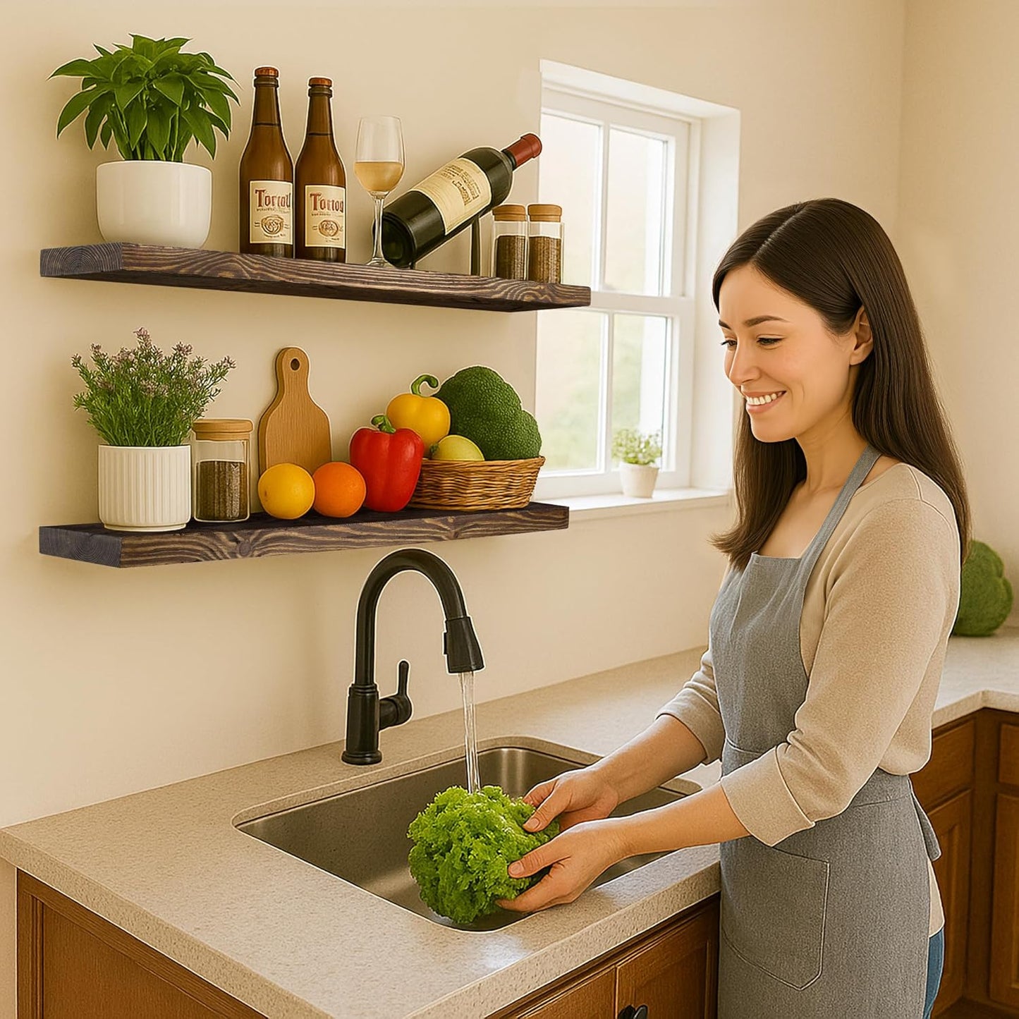 BGMG Floating Shelves 36 inch Long, Distressed,Wide Rustic Wooden Wall Shelves for Bathroom Living Room Bedroom Kitchen Farmhouse Set of 2-36x6.7x1.25 inch-Distressed Walnut