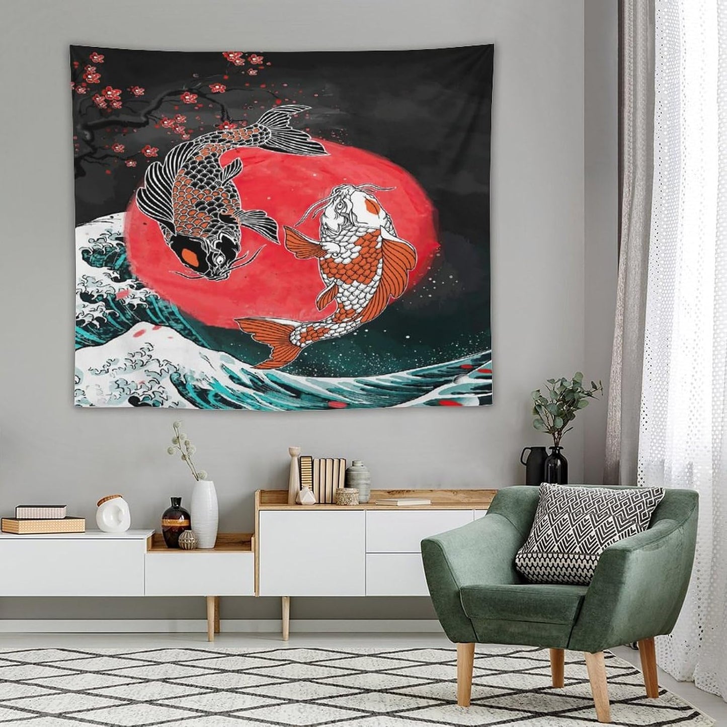 Houselerax Koi Fish Tapestries,Japanese Style Yin Yang Big Wave Cherry Blossoms Tapestry Wall Hanging for Bedroom Living Room Office Decor 60"x50"