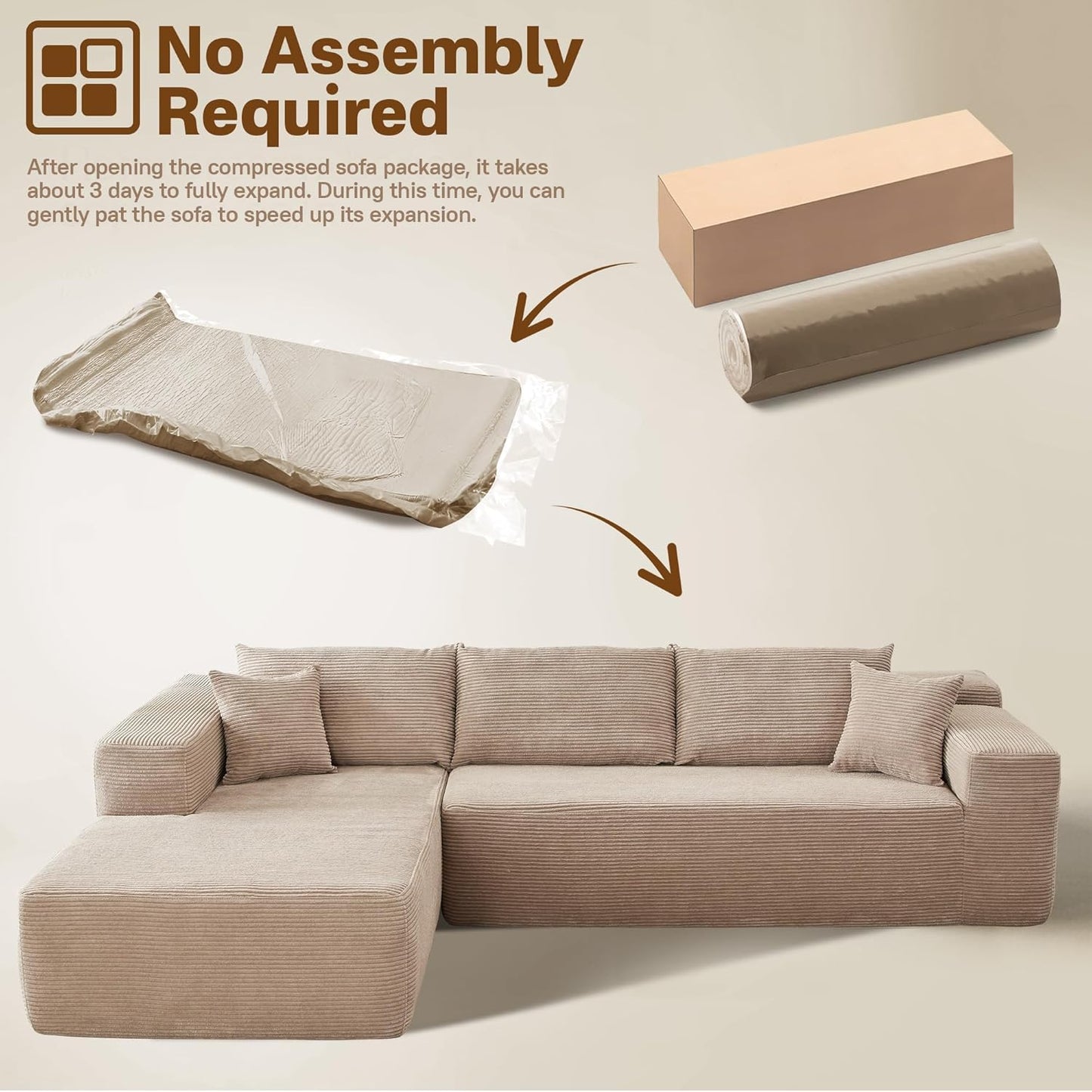 104" Cloud Sectional Couches for Living Room,L Shaped Boneless Couch in A Box,Sleeper Sofa with Comfy Chaise No Assembly Required,Camel
