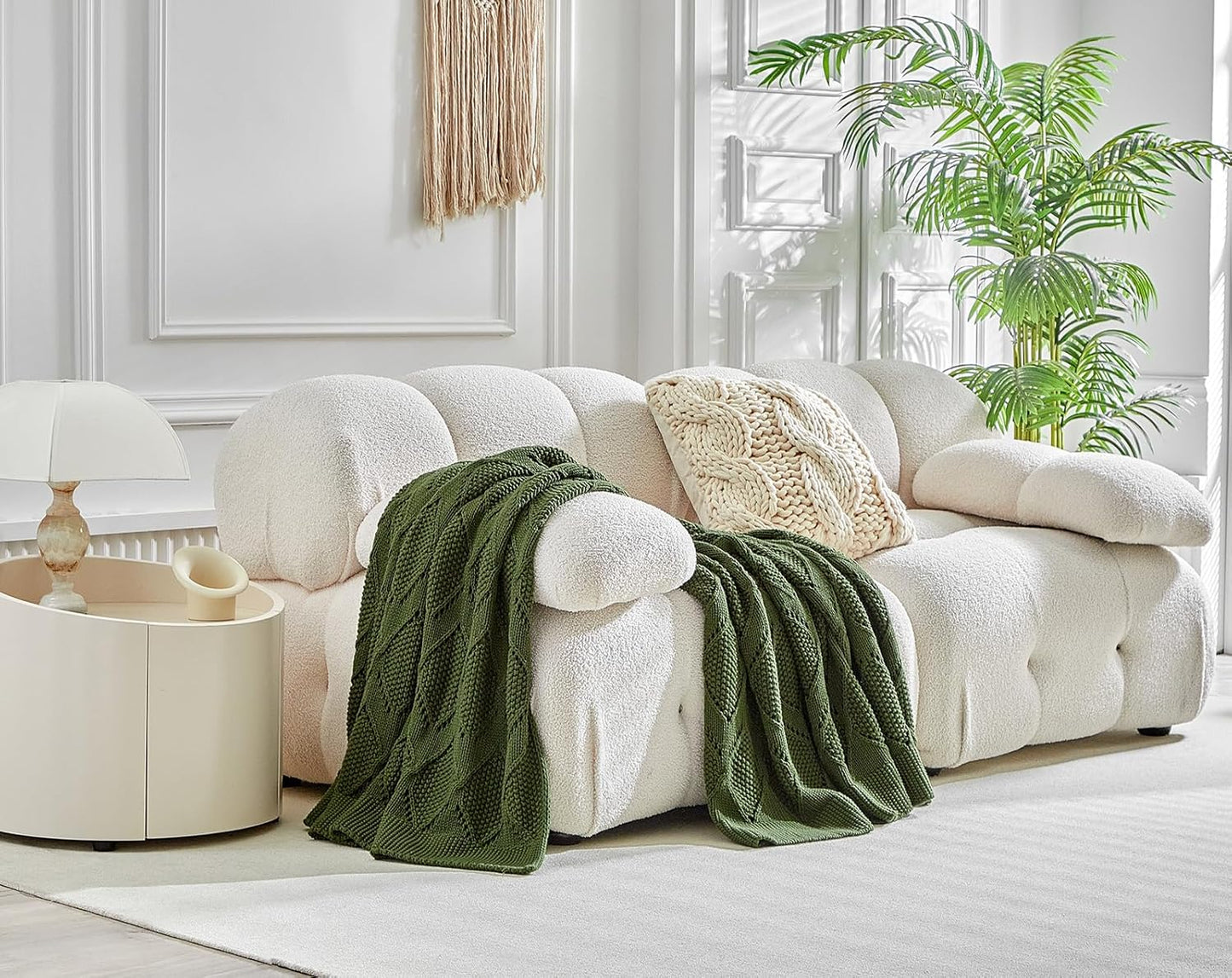 Longhui bedding Chunky Cotton Knit Throw Blanket for Couch, Sofa, Bed, or Chair, Decorative Breathable Fall Cable Knit Blanket 60 x 80 Inches, Large Olive Green