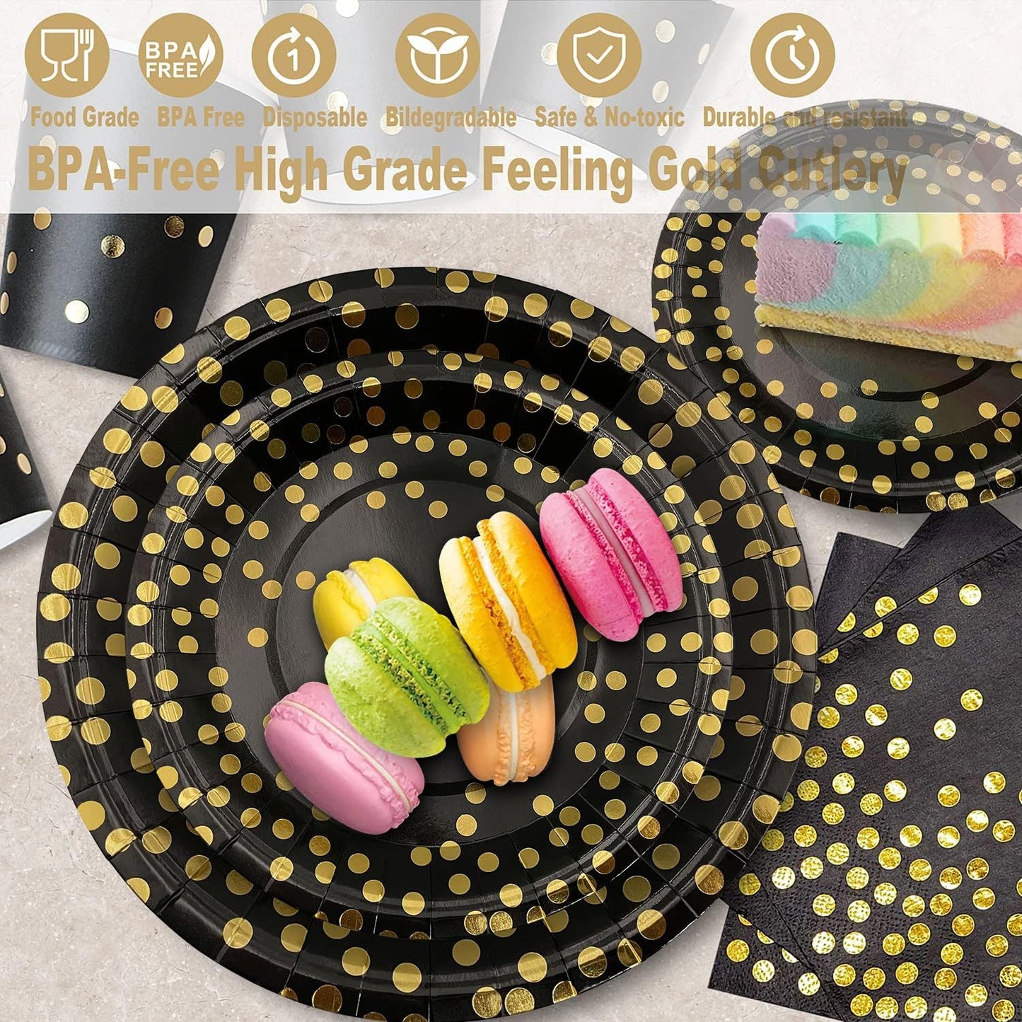 AIRE 350PCS Black and Gold Paper Plates Party Supplies for 50 Guests Party Decorations Disposable Dinnerware Golden Dot Paper Plates Napkins Cups Gold Plastic Forks Knives Spoons for Birthday Wedding