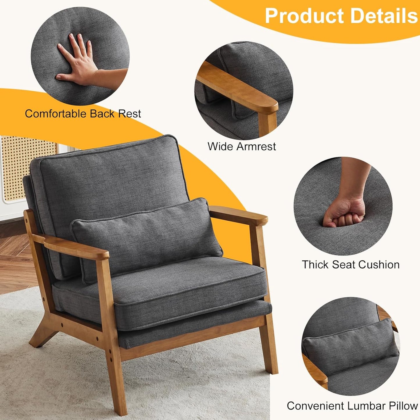 Karl home Accent Chair Wide Armrest Mid-Century Lounge Chair Linen Fabric Armchair with Lumbar Pillow & Solid Wood Frame for Living Room, Bedroom, Balcony, Gray