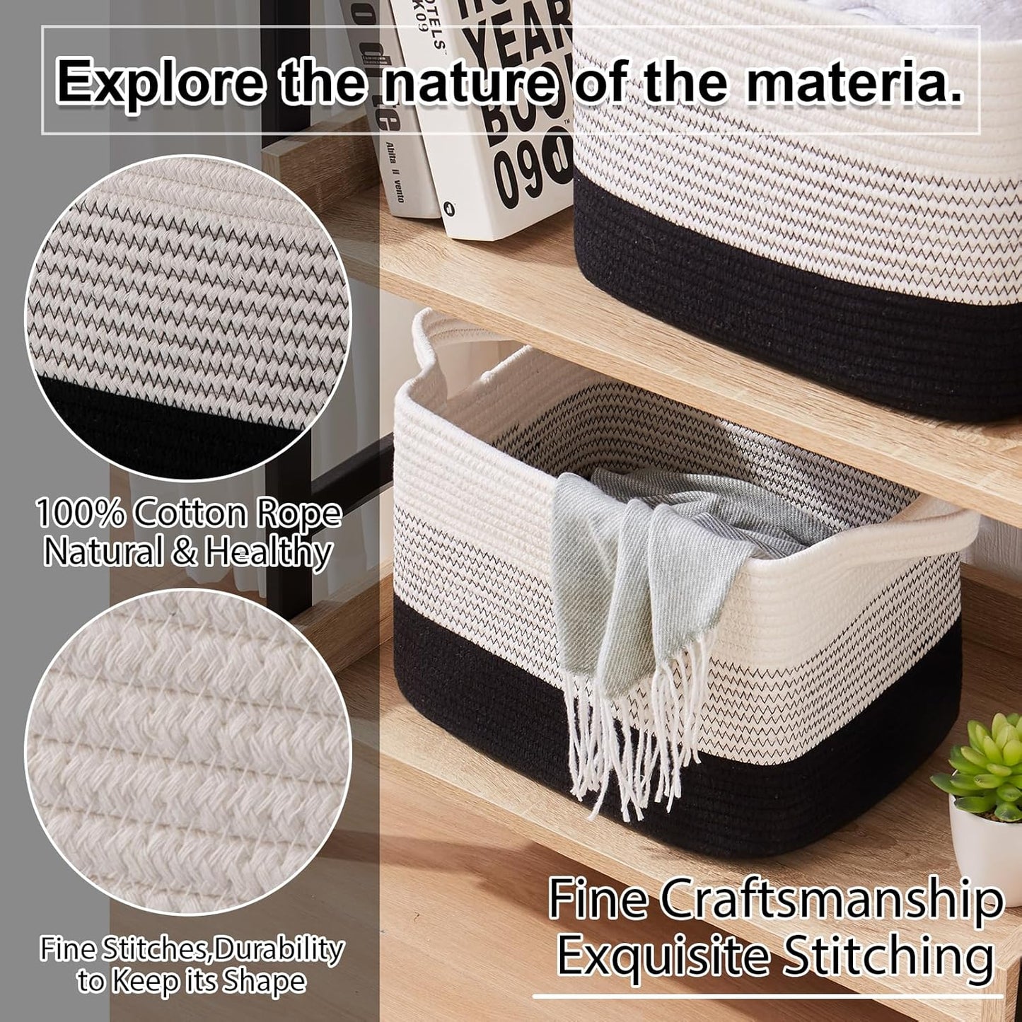 OIAHOMY Storage Basket, Woven Baskets for Storage, Cotton Rope Basket for toys,Towel Baskets for Bathroom - Pack of 3, Gradient Dark