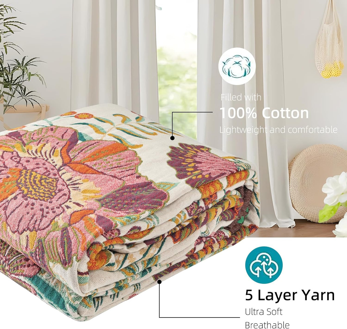 Boho Throw Blanket for Bed - 100% Pure Cotton Ultra Soft Rustic Quilt - Farmhouse Decor Bed Blankets, All Season Rustic Throw for Sofa Couch Chair(80''x 90'', Floral Blossom)