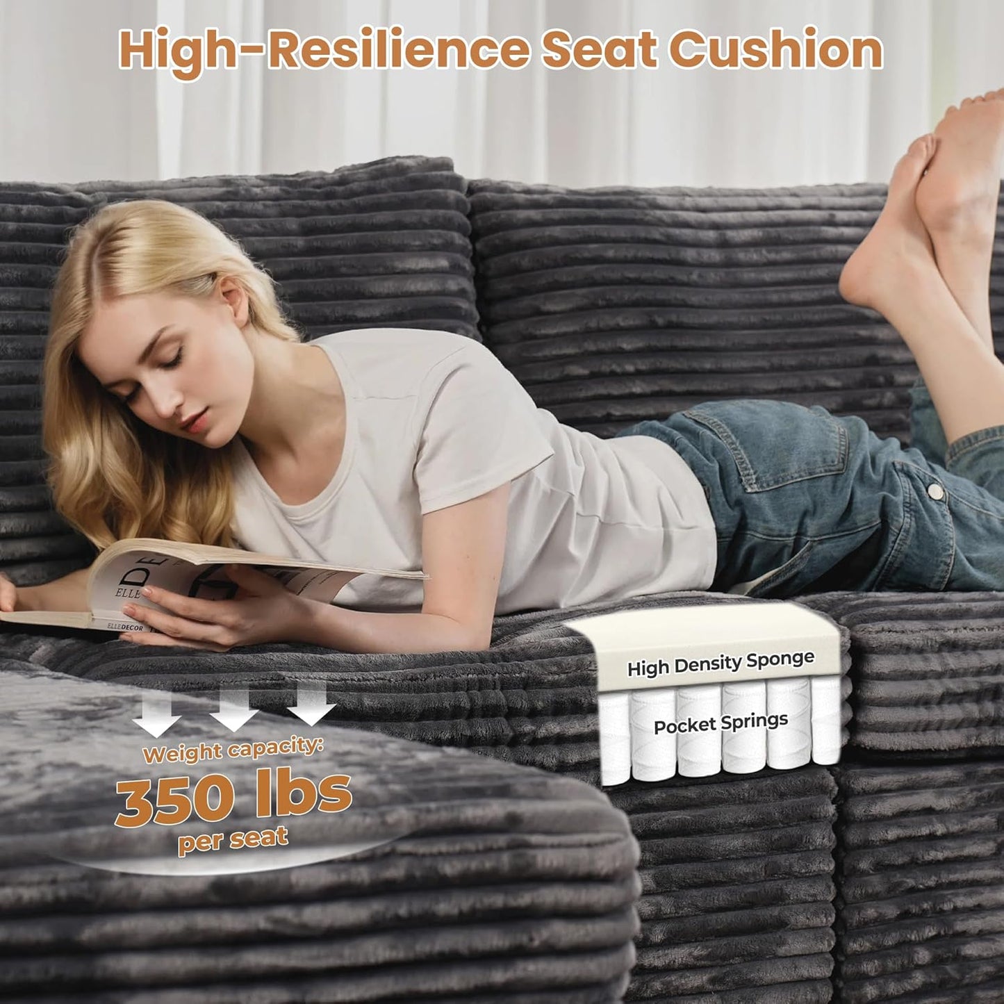 ovios Sectional Sofa Couch with L-Shape Chaise Ottoman, Comfy Modular Cloud Couches with Deep Seat, Modern Upholstered Plush Corduroy Sofas Set for Living Room, 8-Seater, Grey