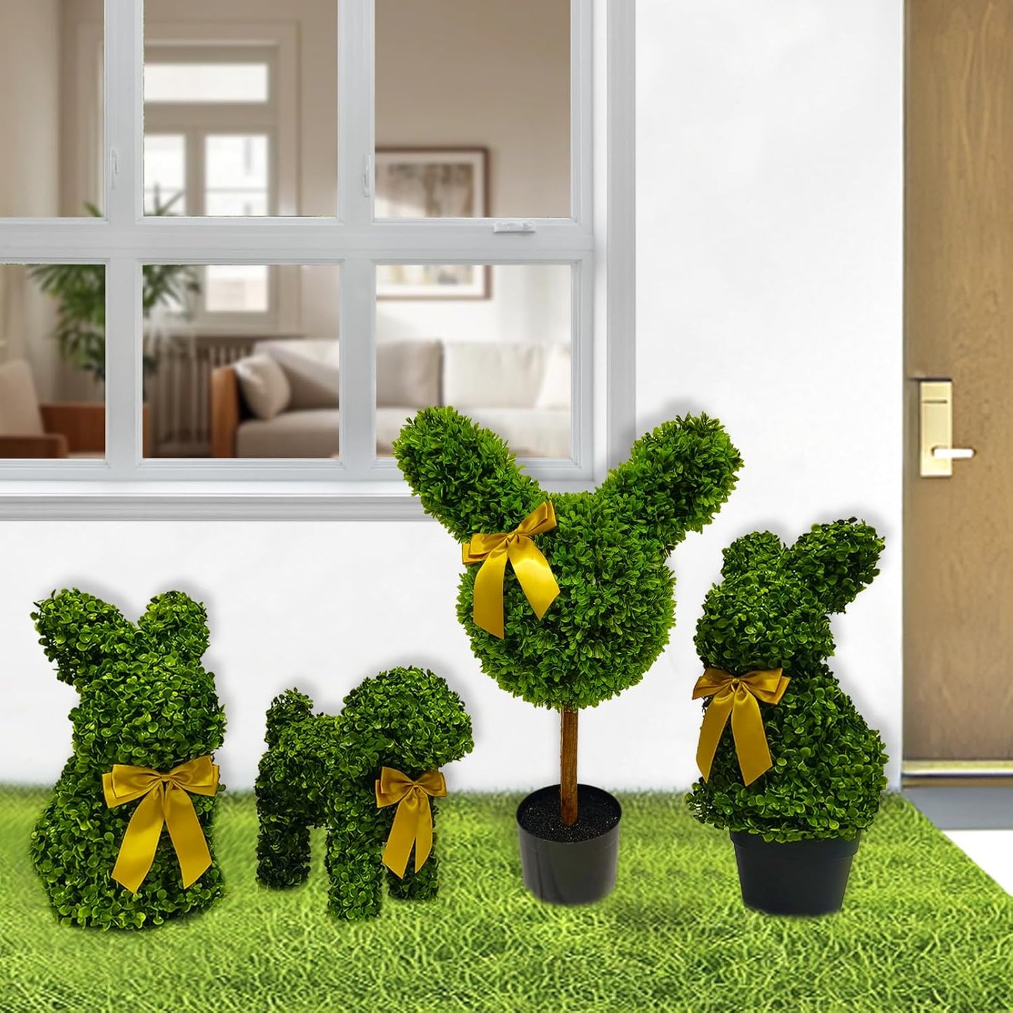 2 Pcs Artificial Bunny Shaped Topiary Trees, Artificial Green Boxwood Bunny Decorations with Gold Bow, Perfect for Indoor & Outdoor Front Porch, Easter& Garden Decor (Boxwood Dog Tree)