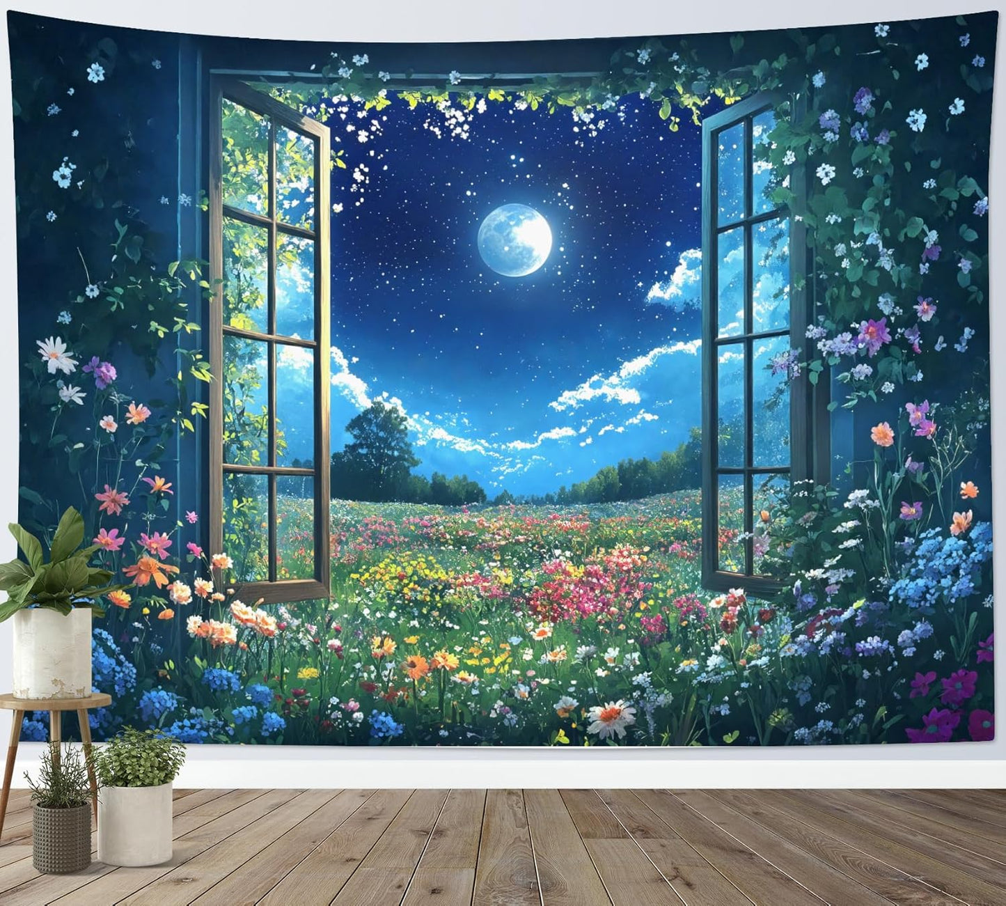 LB Wildflower Moon Tapestry, Window Forest Plant Green Leaf and Garden Colorful Floral Wall Tapestry for Bedroom, Night Sky Wall Art for Living Room Dorm Home Decor Ready to Hanging, 60 x 40 Inches