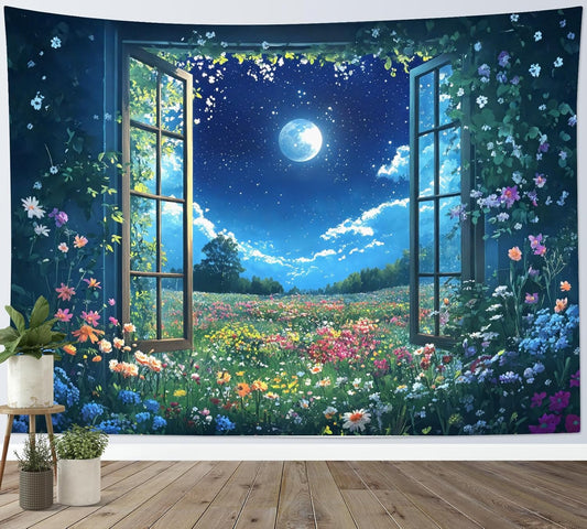 LB Wildflower Moon Tapestry, Green Plant Outside Window and Colorful Floral Wall Tapestry for Bedroom, Garden Wall Art for Living Room Dorm Home Decor Ready to Hanging, 92.5 x 70.9 Inches