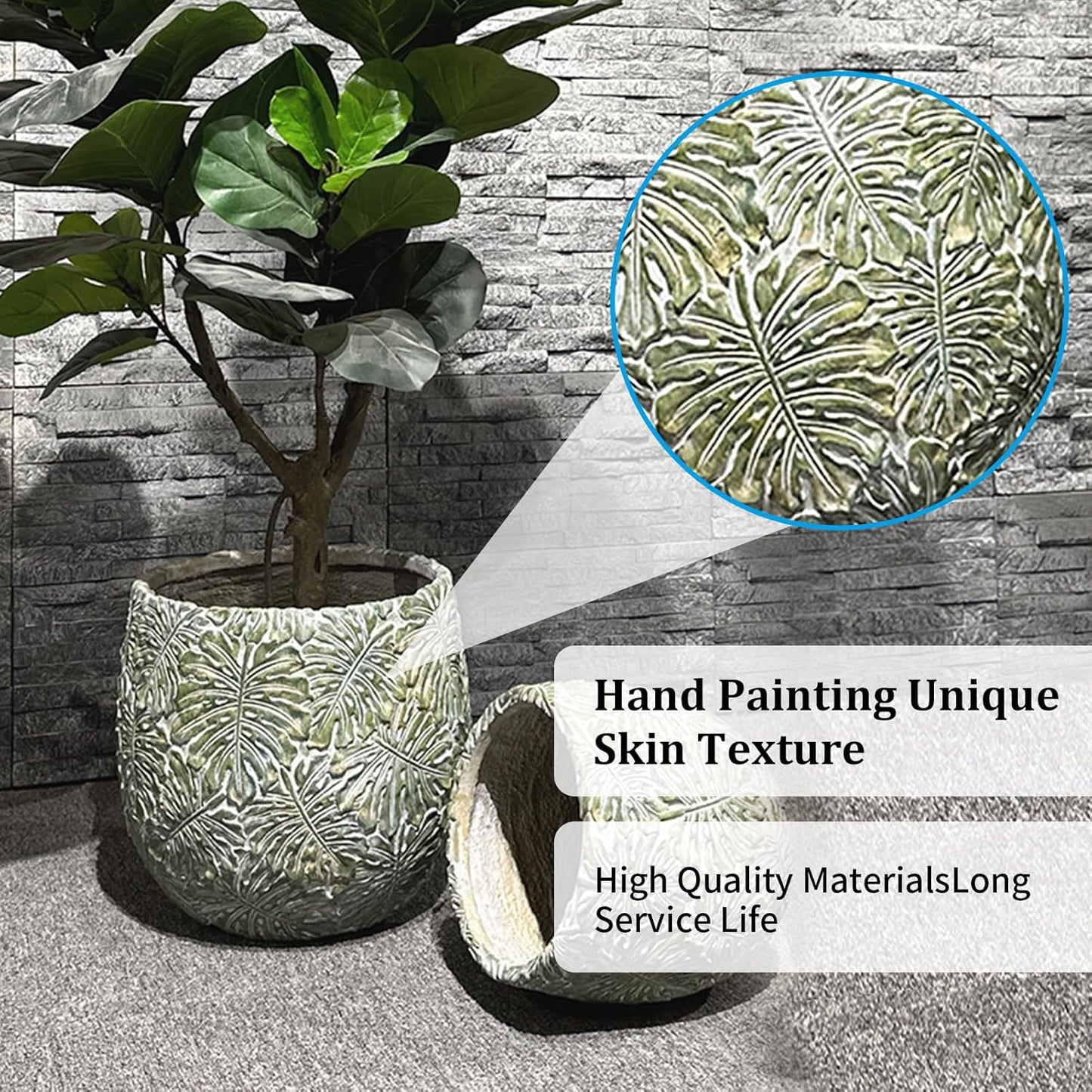 Craft flowerpots 18"+13"+19" Dia Round Concrete Planter Set of 3 Large Outdoor/Indoor Planter Pots Containers with Drainage Holes and Rubber Plug for Home Garden (Green, Large)