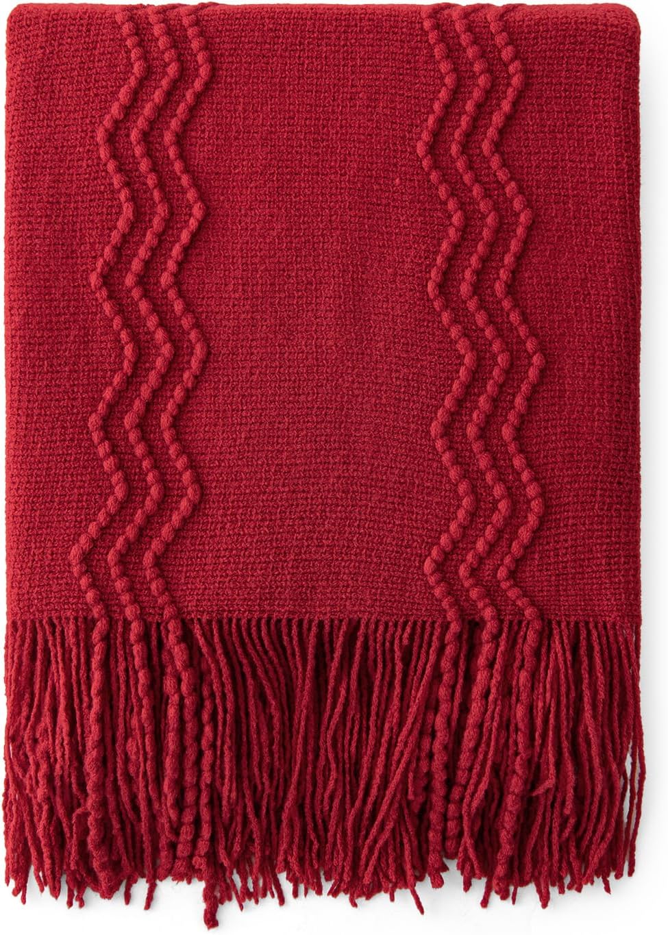 MIULEE Burgundy Red Knitted Throw Blanket for Couch Boho Textured Cozy Woven Blanket with Tassels for Sofa Chair Bed Living Room Acrylic Wave Pattern 50"x60"
