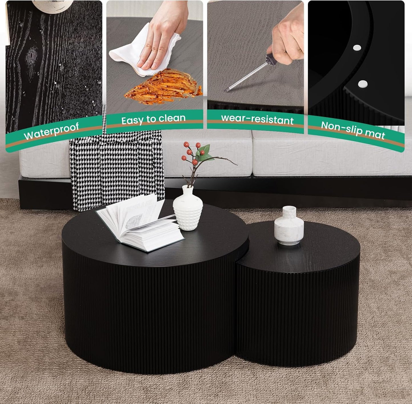 Round Nesting Coffee Table Set of 2 Handcraft Circle Fluted Nesting Coffee Tables Circular Side Table Drum Accent End Tables for Living Room Bedroom (Black Small)