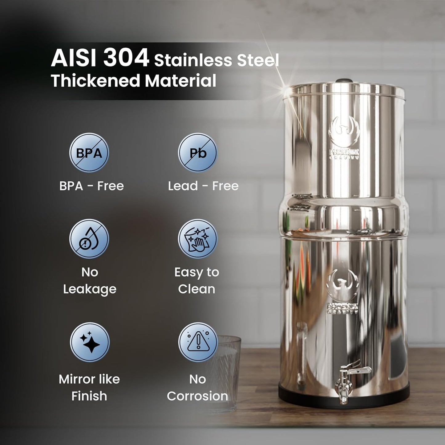 Gravity Water Filter System – 1.5 Gallons NSF Certified AISI 304 Stainless Steel Premium Countertop Water Filtration System with 2 Smart Black Carbon Filters & Stainless Steel Spigot