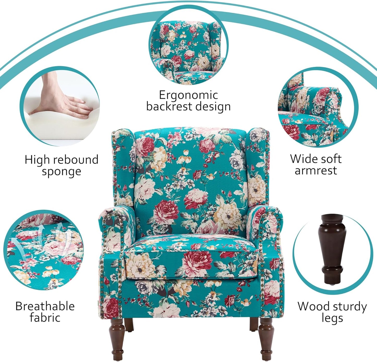 Lumibee High Back Accent Chair Set of 2, Armchair in Fabric,Comfy Upholstered Wingback Single Sofa Reading Chairs with Solid Wood Legs for Living Room,Bedroom,Office-Peacock Blue