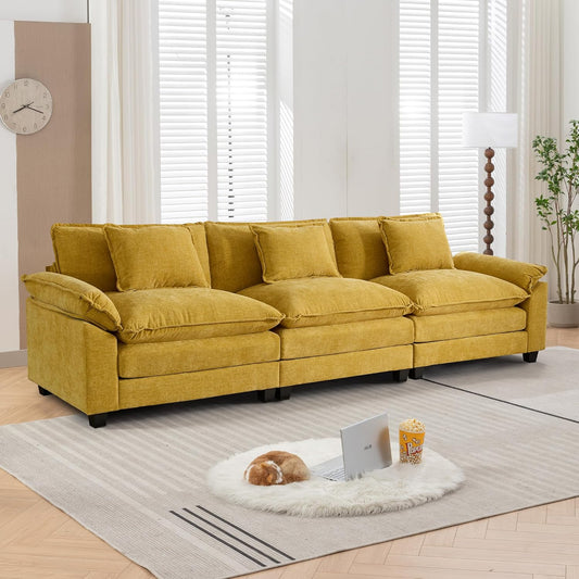 URRED Modular Sectional Sofa Comfy Cloud Couch, Modern Chenille Sofa Sleeper Deep Seat Couches with Ottoman/Pillows for Living Room (Yellow, 117'')