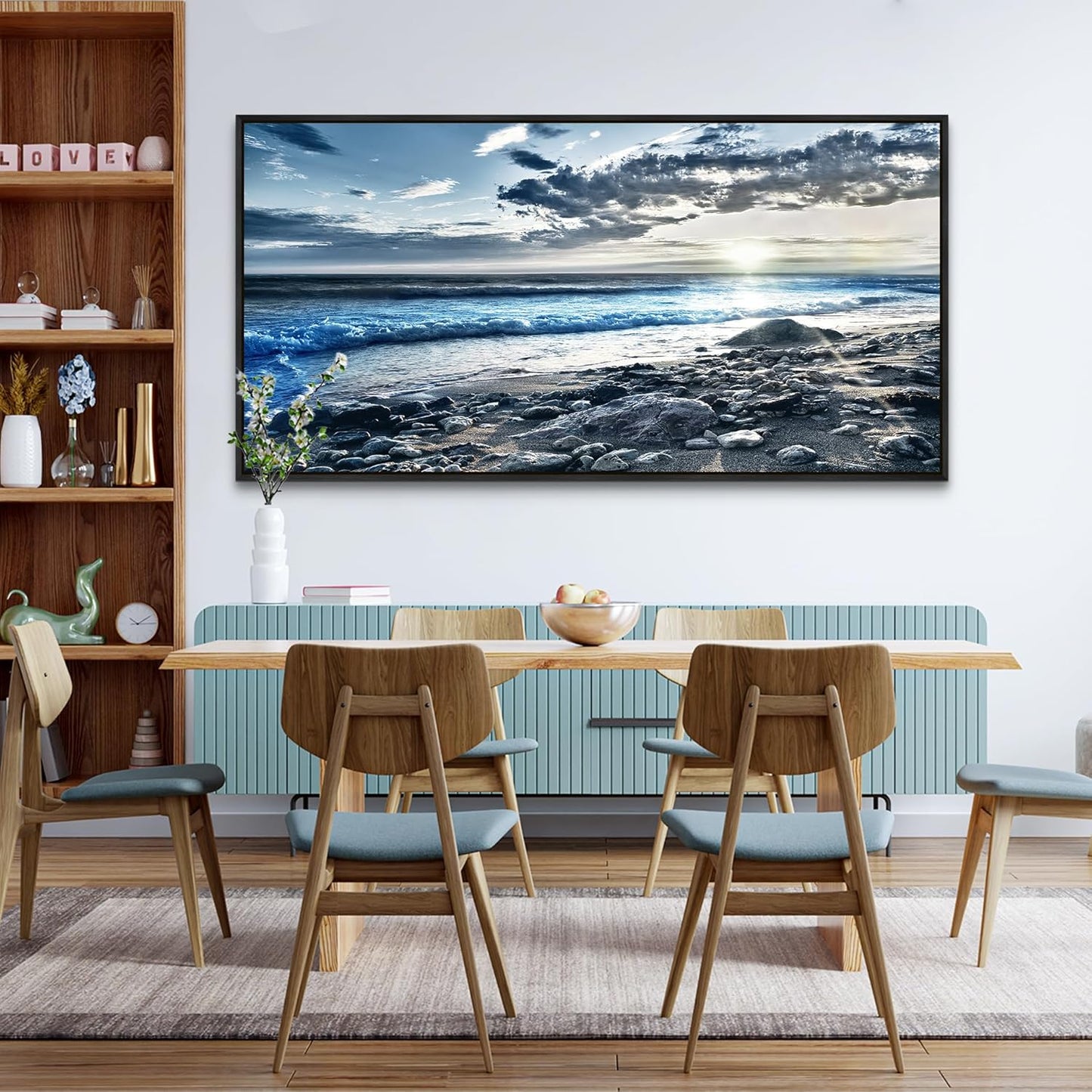 Wapluam Large Canvas Prints Wall Decorations For Living Room Wall Art For Bedroom Office Wall Decor Scenery Wall Painting Blue Sea Pictures Artwork For Fashion Black Framed Beach Posters Home Decor