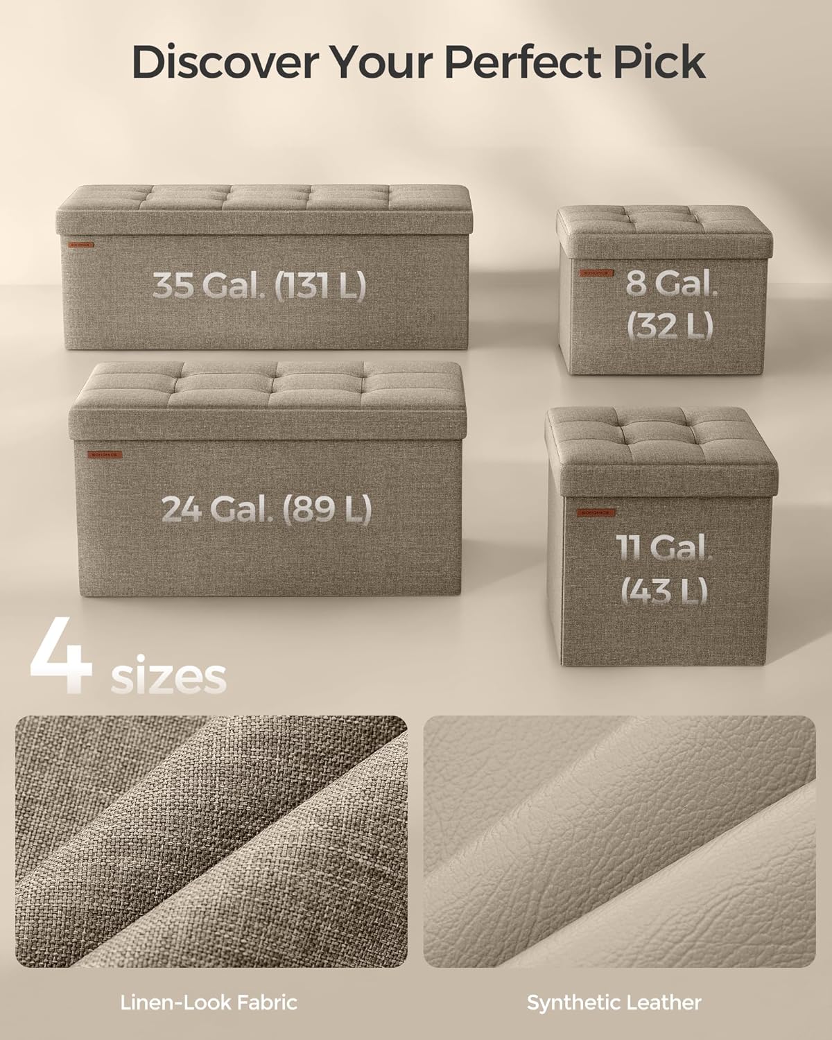 SONGMICS MAZIE Collection - 43 Inches Folding Storage Ottoman Bench, Ottoman Foot Rest, End of Bed Bench, Storage Chest, Load 660 lb, for Living Room, Bedroom, Entryway, Camel Brown ULSF077R01