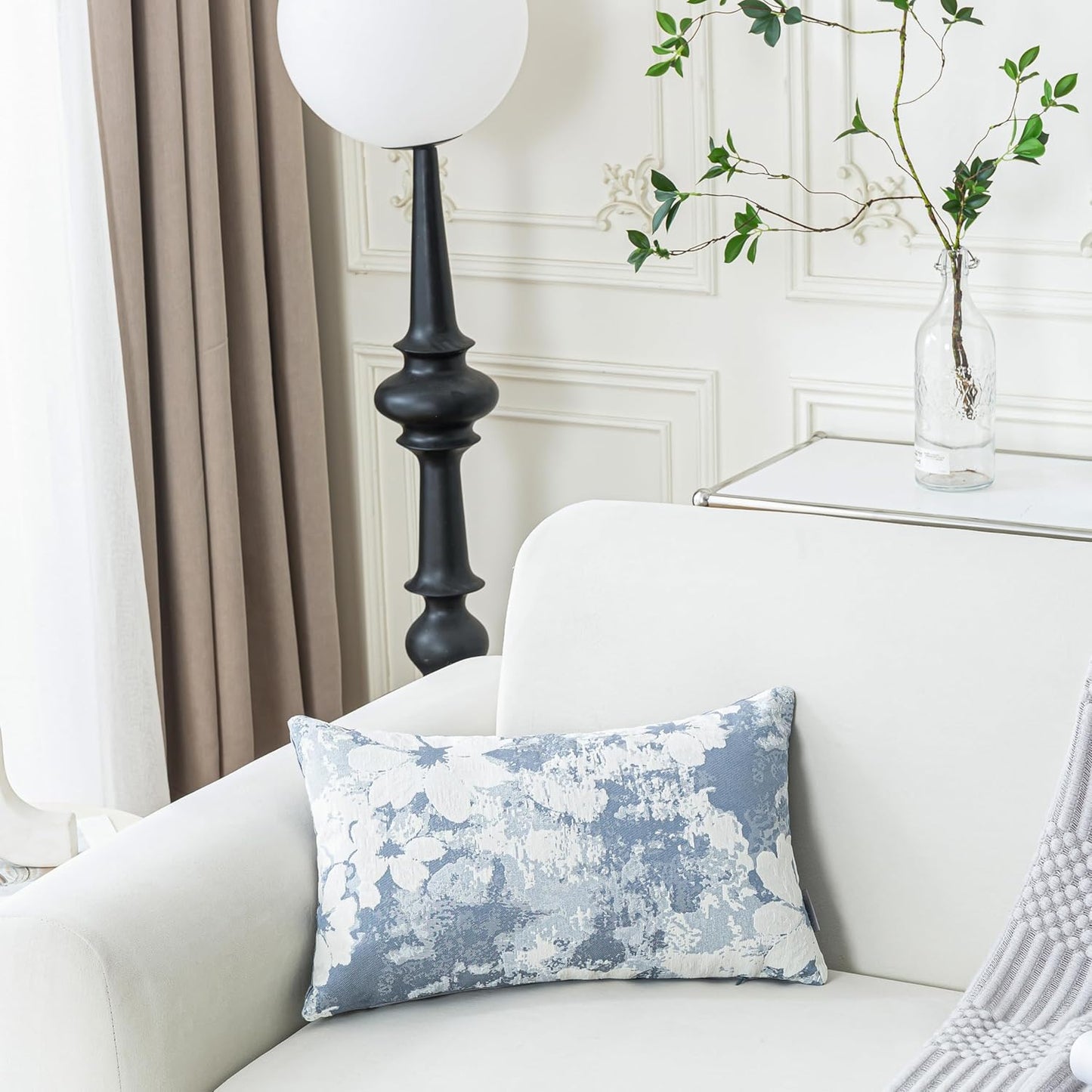 Jacquard Throw Pillow Covers 12x20 Inch Set of 2 - Vintage Floral Boho Pillow Cases with Botanical Pattern | Farmhouse Decor for Couch Living Room | Soft Textured Neutral Trio Dusty Blue 12" x 20"