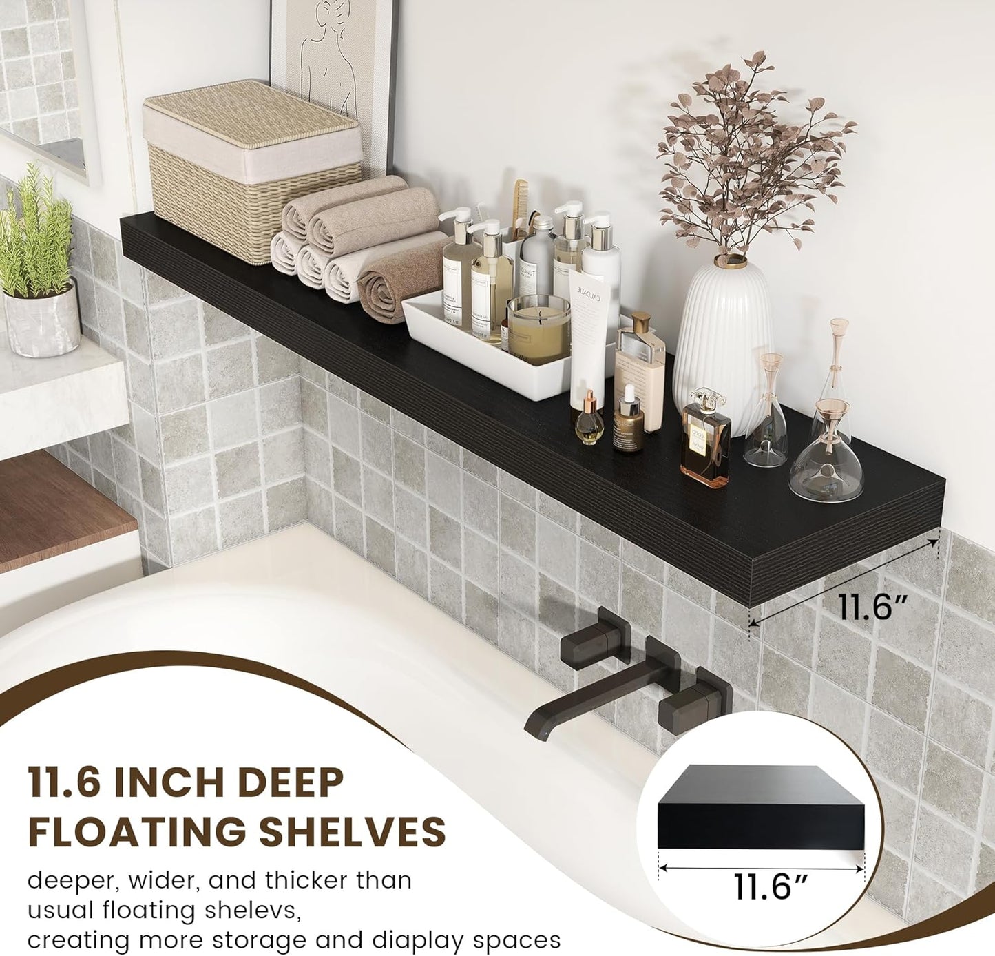 Black Floating Shelves for Wall - 55 Inch Wide x 12 Inch Deep Wall Shelves Set of 1 - Rustic Black Wood Shelves for Living Room, Bathroom, Laundry Room, Bedroom, Kitchen, Home Office