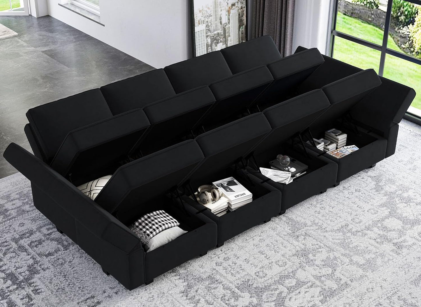 Belffin Modular Sectional Sofa with Storage Chaises Sleeper Couch 8 Seat Sectional Sofa Bed Black