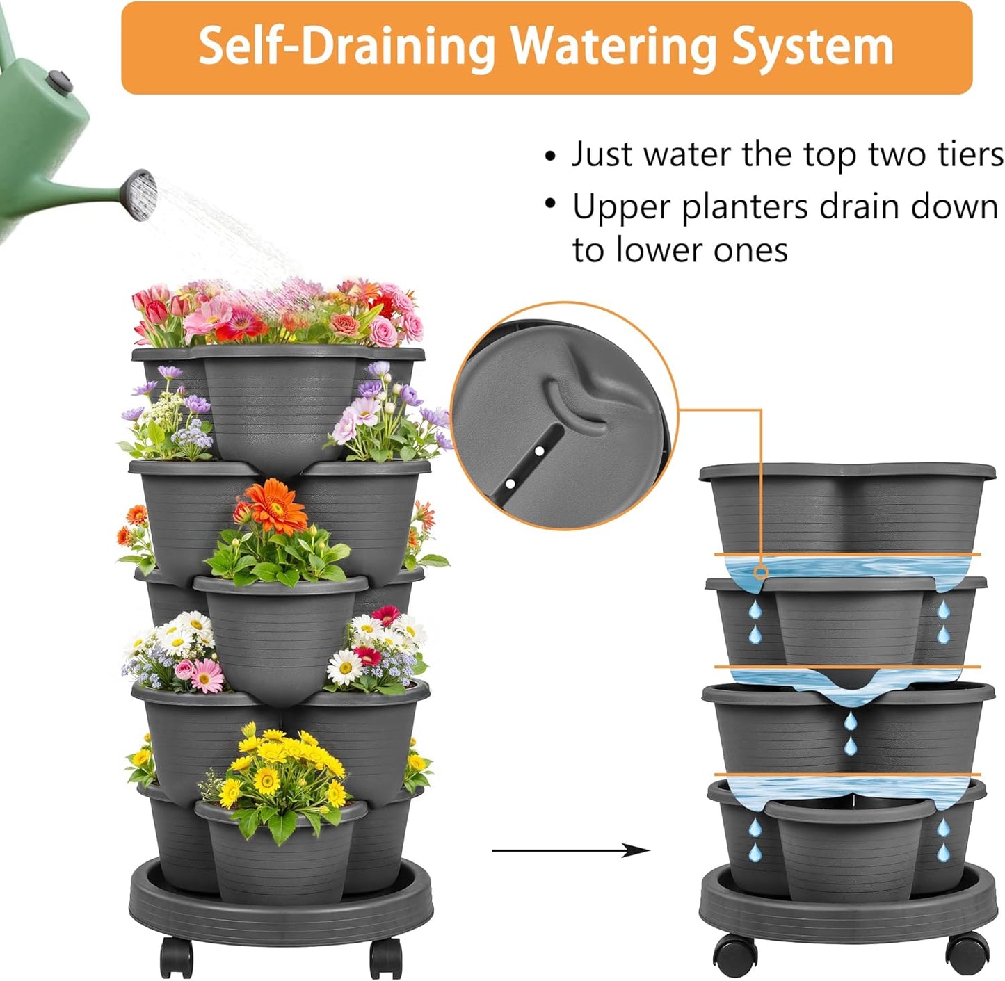 VECELO 5 Tier Vertical Garden Planter, Self Watering Stackable Planters with Wheels for Strawberries, Herbs, Flowers, Vegetables, Dark Gray