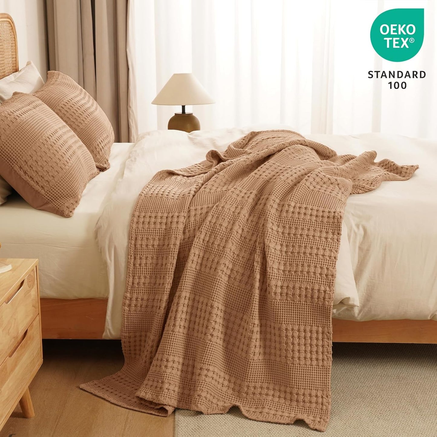 PHF 100% Cotton Waffle Weave Throw Blanket, Soft Lightweight Breathable Cozy Summer Throws for Couch Bed Sofa, Luxury Aesthetic Woven Blanket for Home Decor & Office, 50"x60", Camel