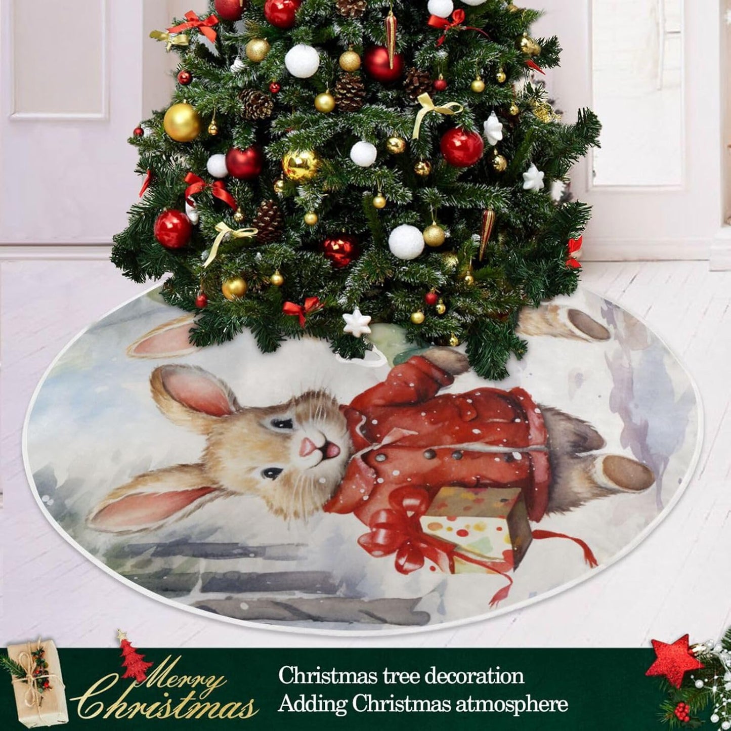 36 Inch Christmas Rabbit Tree Skirt for New Year Party Decorations and Xmas Tree Mat