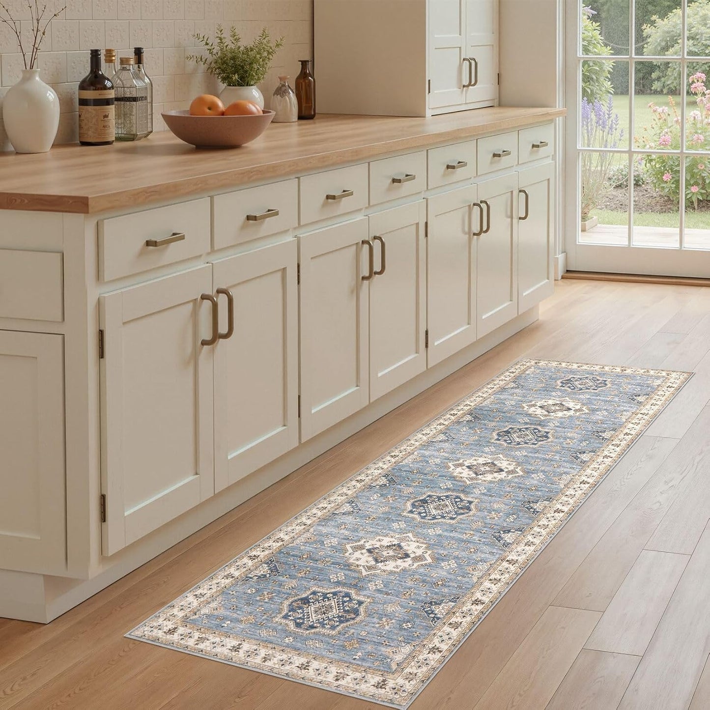 Washable 2x6 Runner Rug - Area Rugs Neutral Vintage Distressed Floral Farmhouse Boho Large Soft Floor Rug Indoor Carpet for Hallway Entryway Bedroom Kitchen - Blue