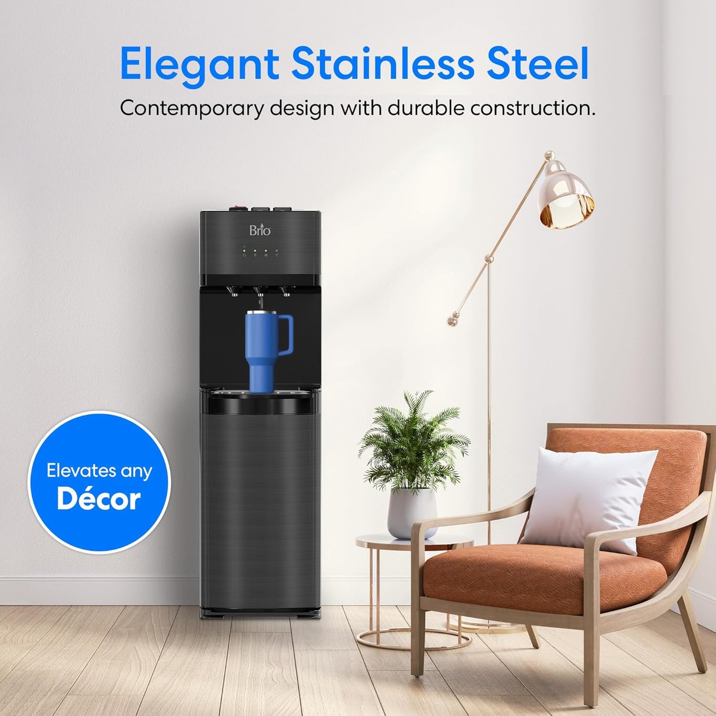 Brio Self Cleaning Bottom Loading Water Cooler Water Dispenser – Black Stainless Steel - 3 Temperature Settings - Hot, Room & Cold Water