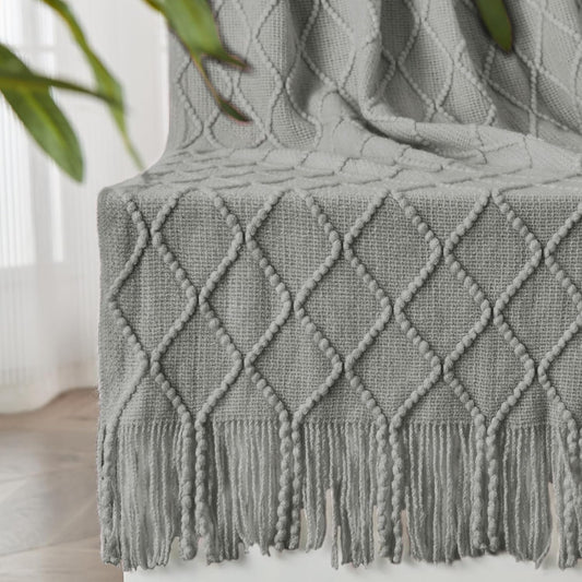 inhand Knitted Throw Blankets for Couch and Bed, Soft Cozy Knit Blanket with Tassel, Light Grey Lightweight Decorative Blankets and Throws, Farmhouse Warm Woven Blanket for Men and Women, 60"x80"