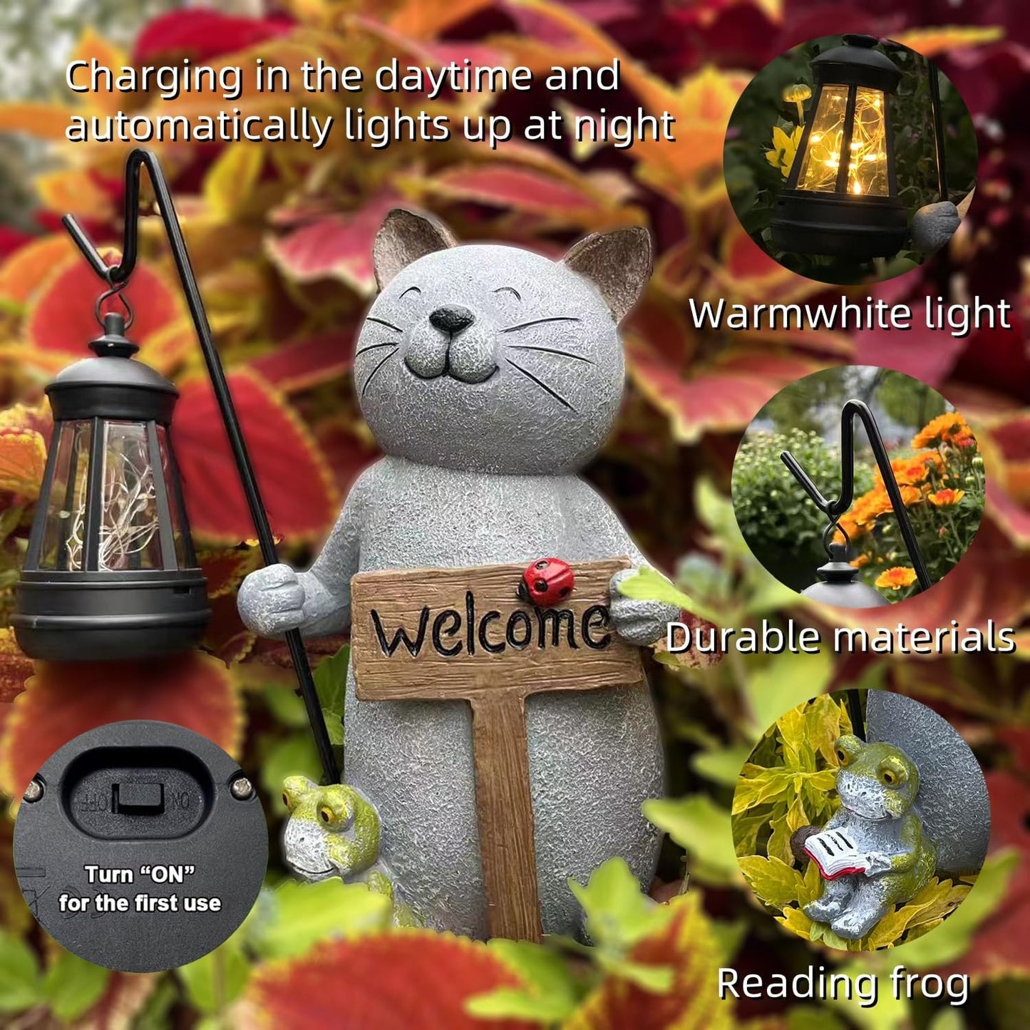 Cat Garden Statue with Solar Lantern: Cat Outdoor Figurine Decorations -Solar Garden Statue Decor for Patio,Balcony,Yard, Lawn - Gift for Mom, Grandma,Women, Housewarming,Birthday