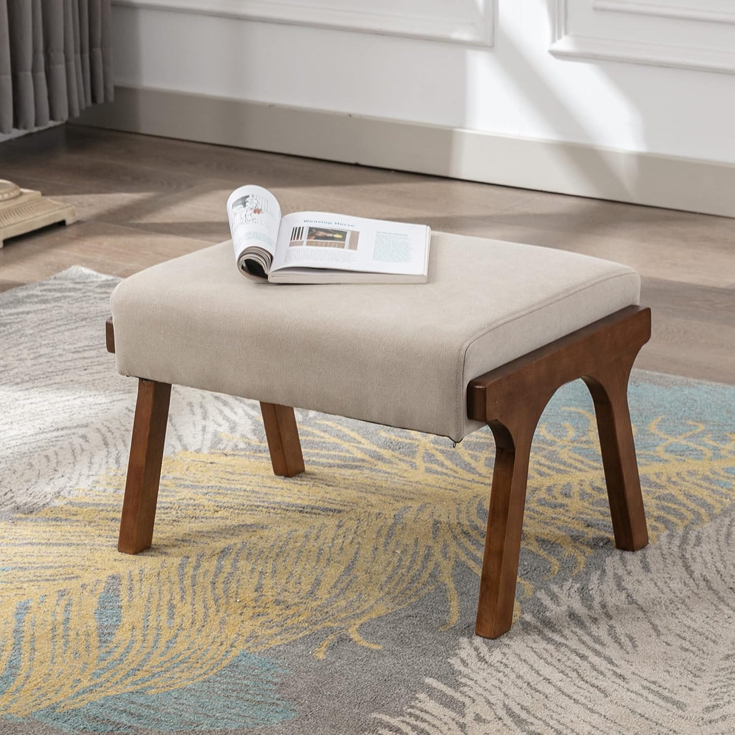 chairus 2 Sets Mid-Century Modern Accent Chairs with Ottoman, Linen Fabric Armchair with Wood Legs Comfy Upholstered Single Sofa Chair for Living Room/Bedroom/Lounge, Beige