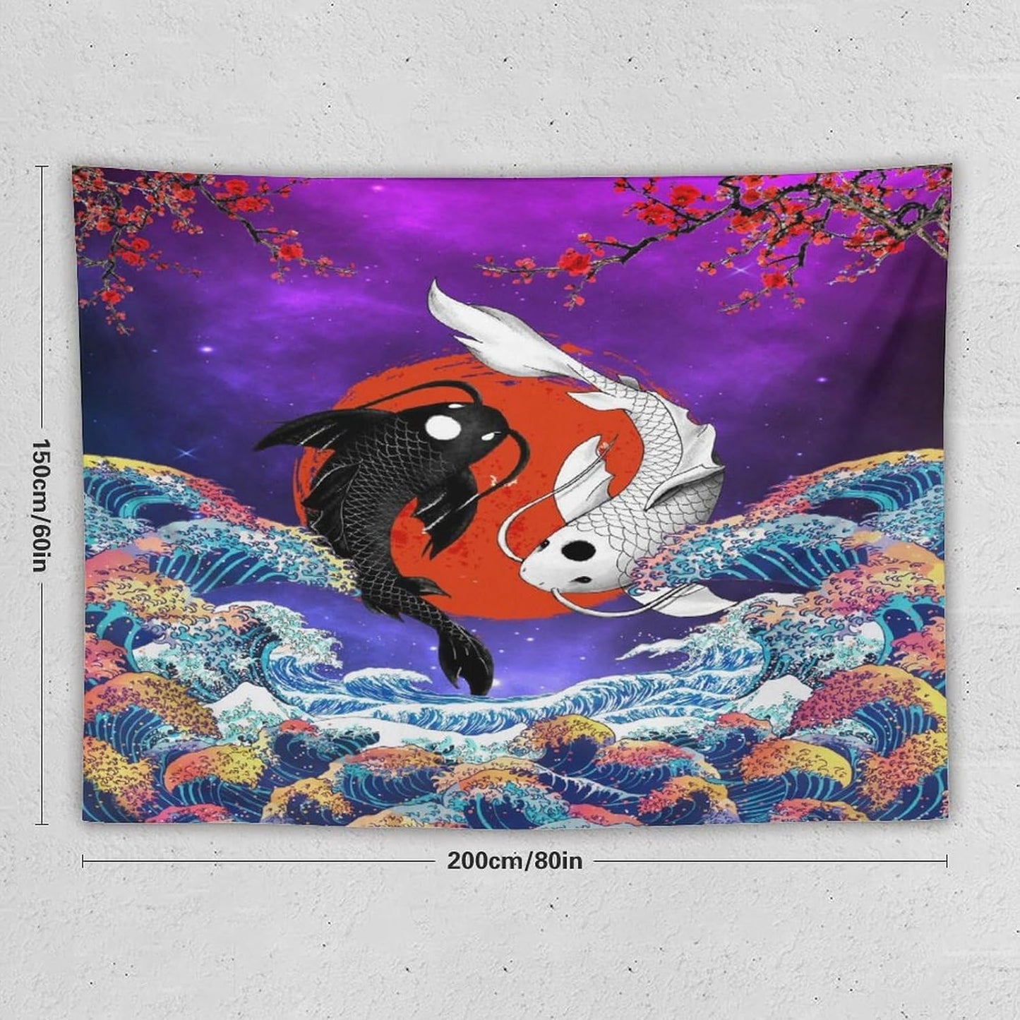Houselerax Japanese Koi Fish Tapestry, Yin Yang Big Wave Cherry Blossom Tapestries Wall Hanging for Bedroom Living Room Office Decor 80"x60"