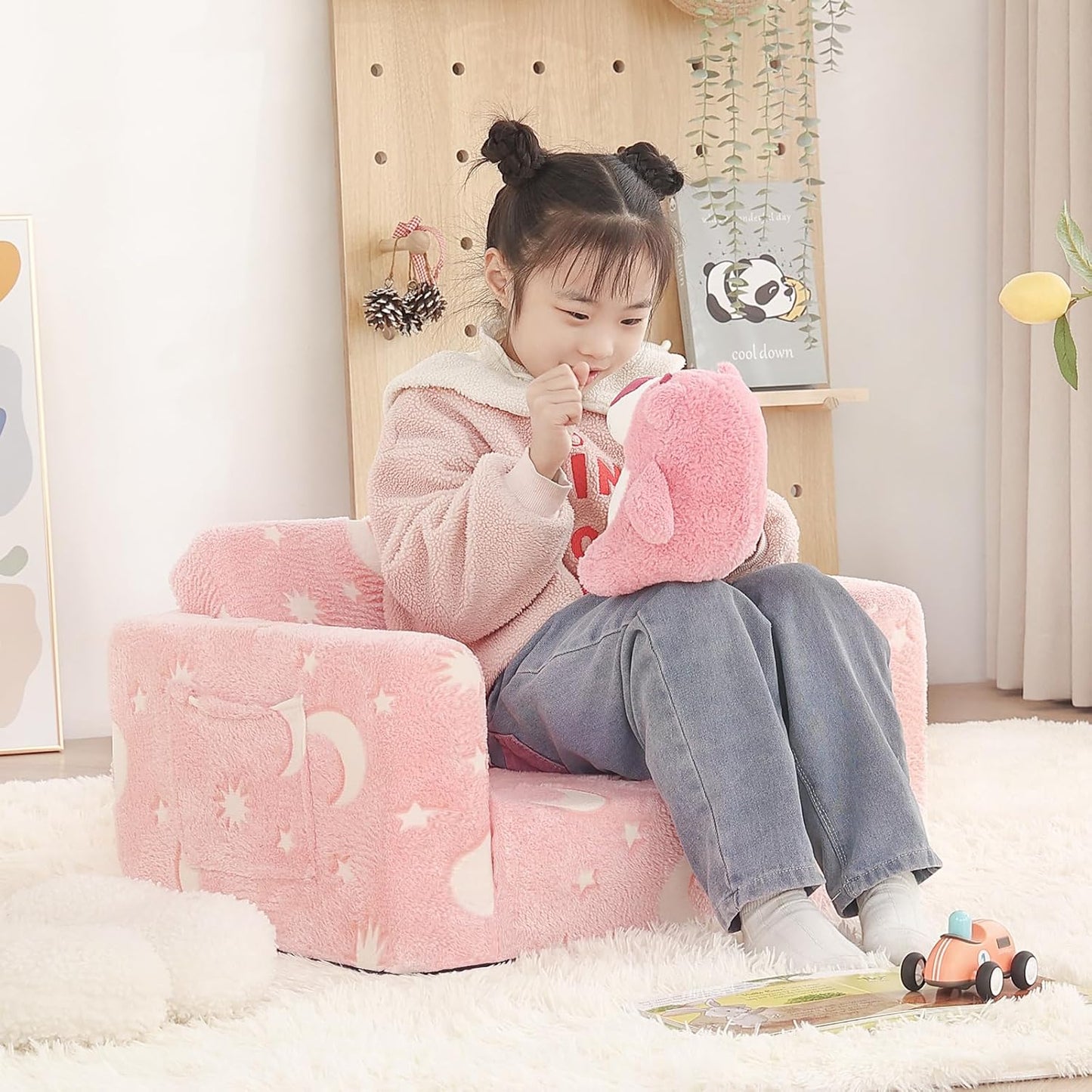 Welnow 2-in-1 Kids Sofa Chair, Glow in The Dark Convertible Toddler Chair Flip Out Children Sofa Chair Folding Kids Play Sofa with Side Pockets & Removable Cover Armrest Chair for Girl or Boy