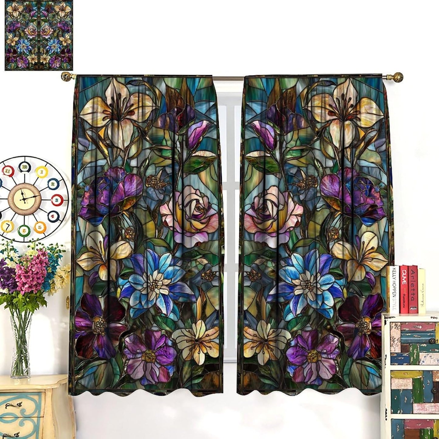 Stained Glass Curtains,Retro Colored Glass Flowers Art Home Decor Drapes for Bedroom Living Room Kitchen Window Treatment 2 Panels Set Total Size 42" W X 63" L Inch