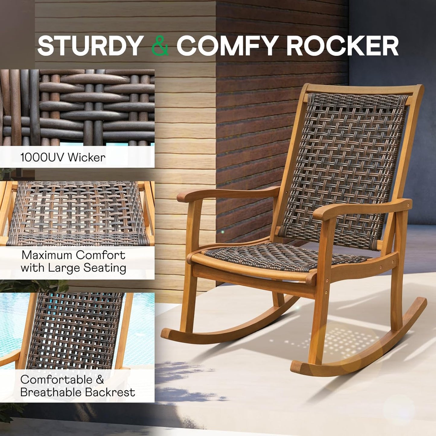 Idzo Wood Wicker Rocking Chair, 400 lbs Capacity, Durable Eucalyptus Wood, Natural Finish, Comfortable Curvy Design, Ideal for Deck, Patio Furniture, Teak Outdoor Furniture, Set of 2