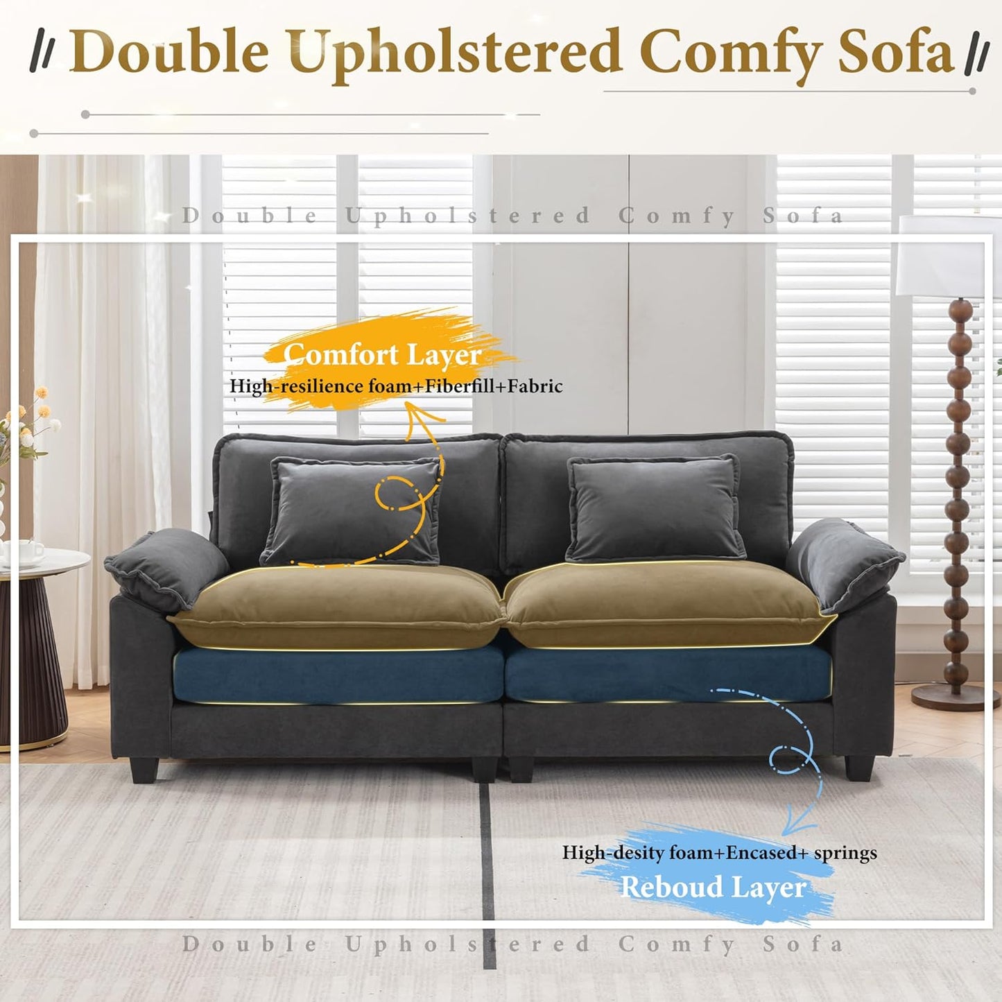 URRED Modular Sectional Sofa Comfy Cloud Couch, Modern Velvet Sofa Sleeper Deep Seat Couches with Ottoman/Pillows for Living Room (Dark Gray, 82.6'')
