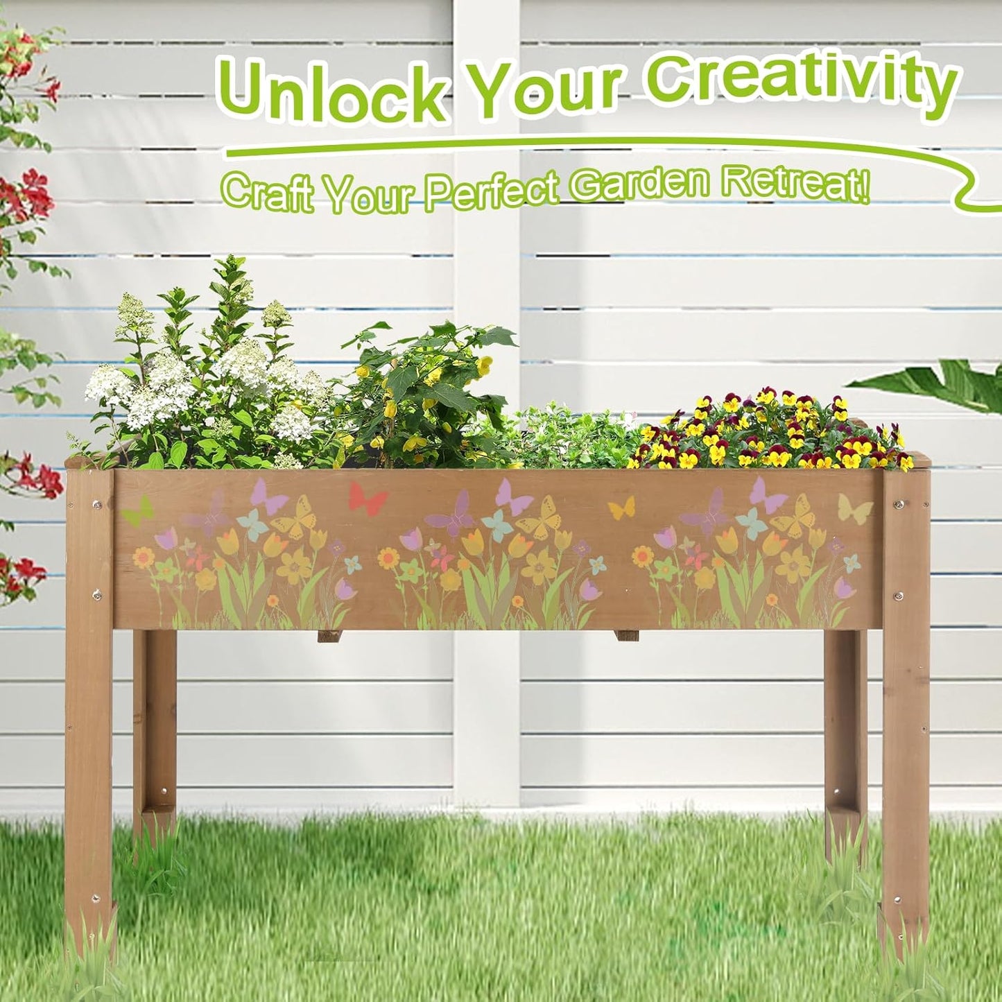 Outdoor Wood Raised Garden Bed- Elevated Planter Box with Legs, Durable Fir Wood, Reinforced Frame with Drainage Holes, Liner for Vegetables, Herbs, Flowers, 47" x 23"x 30"