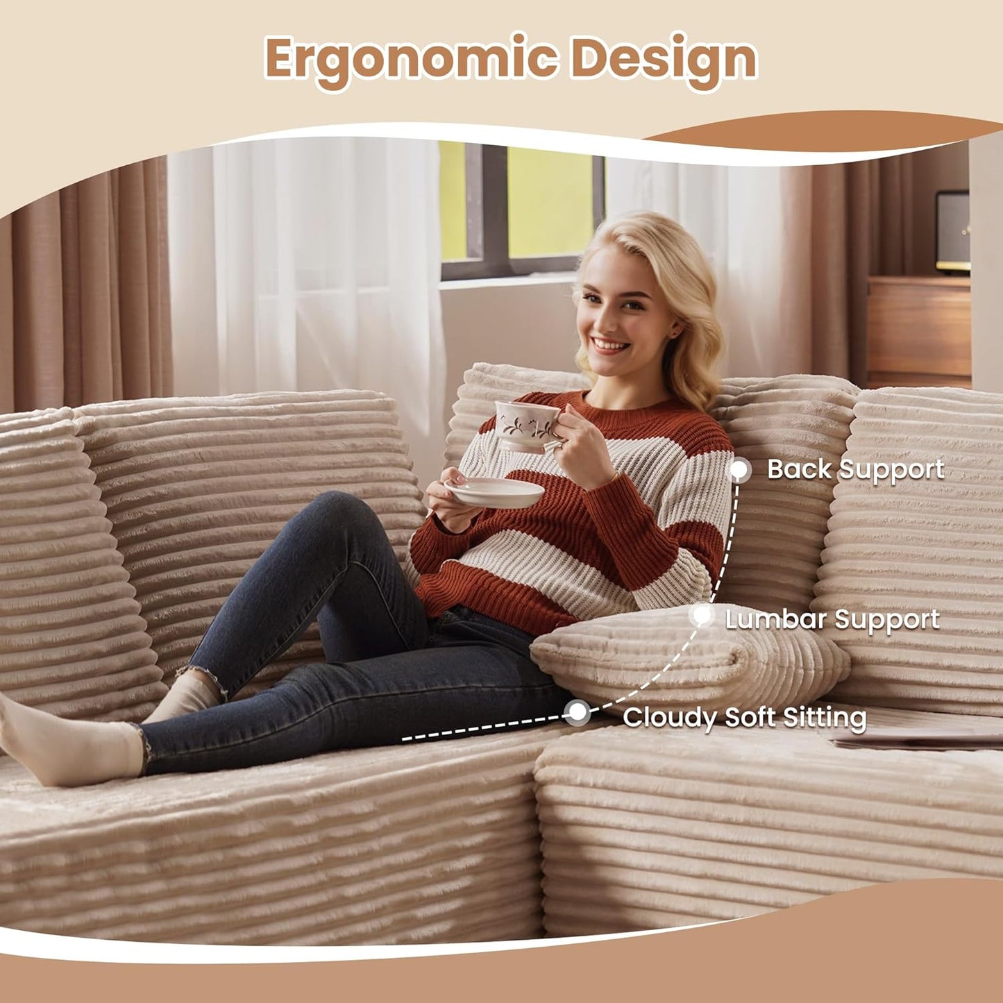 HOOOWOOO Cloud Sectional Couches for Living Room,Modular Sectional Sofa No Assembly,141X70 Inch Plush Corduroy Large L Shaped Floor Couch Set with Deep Seat Chaise(Beige)