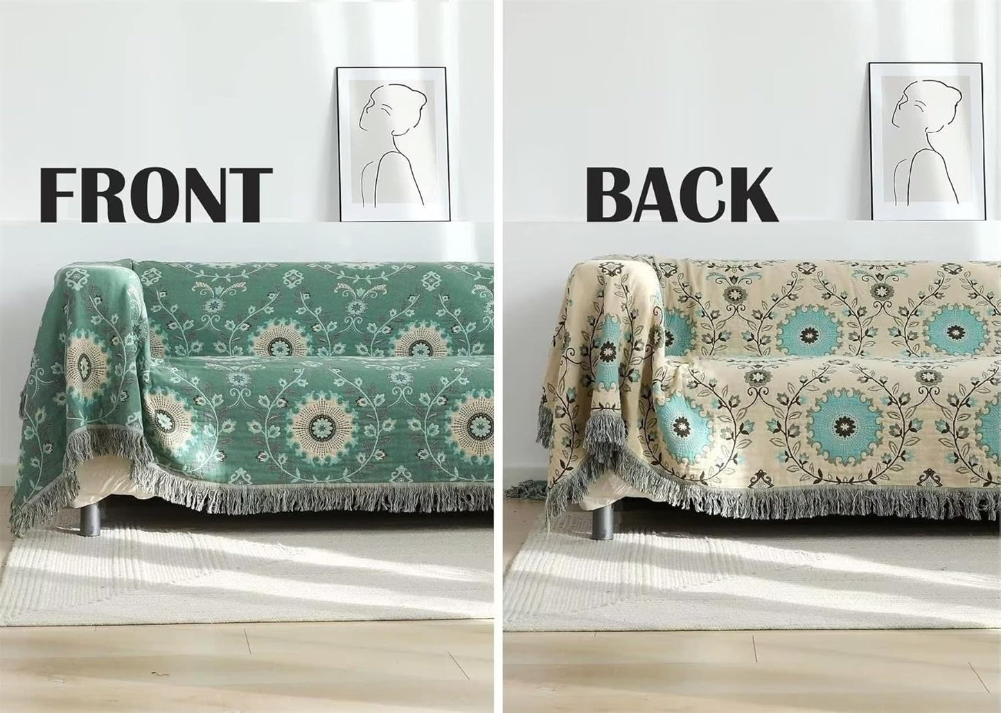 MSGKV Green Boho Throw Blanket for Bed Couch,100% Cotton Mexican Picnic Blankets Travel Blanket 80''x 90'', Super Soft Lightweight Muslin Blanket for Bedroom Living Room Boho Decor