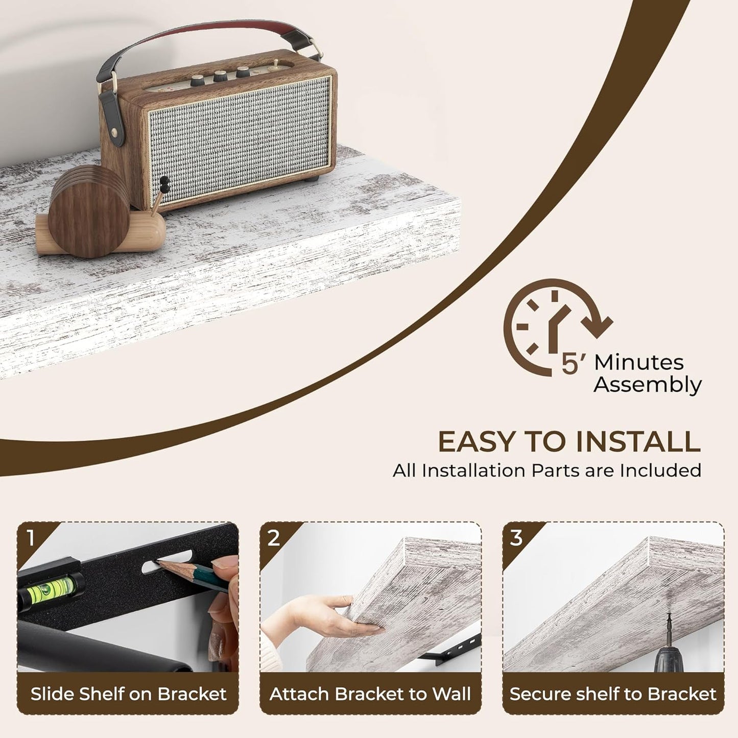 RICHFOCUS 16Inch Floating Shelves for Wall 2 Pack Shelves for Bedroom|Kitchen|Bathroom Wall Mounted Rustic Distressed Wood Floating Shelf with Invisible Brackets for Books|Storage|Decor, Rustic