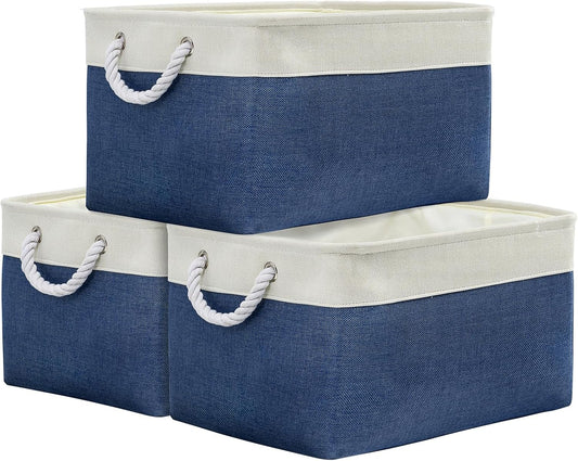 TheWarmHome Organization and Storage Basket for Organizing - X Large 3 Pack 17.7L×13.8W×9.8H in Collapsible Storage Bin for Shelves, Basket for Gifts Empty Toys Organizer Gift (White & Jean Blus)