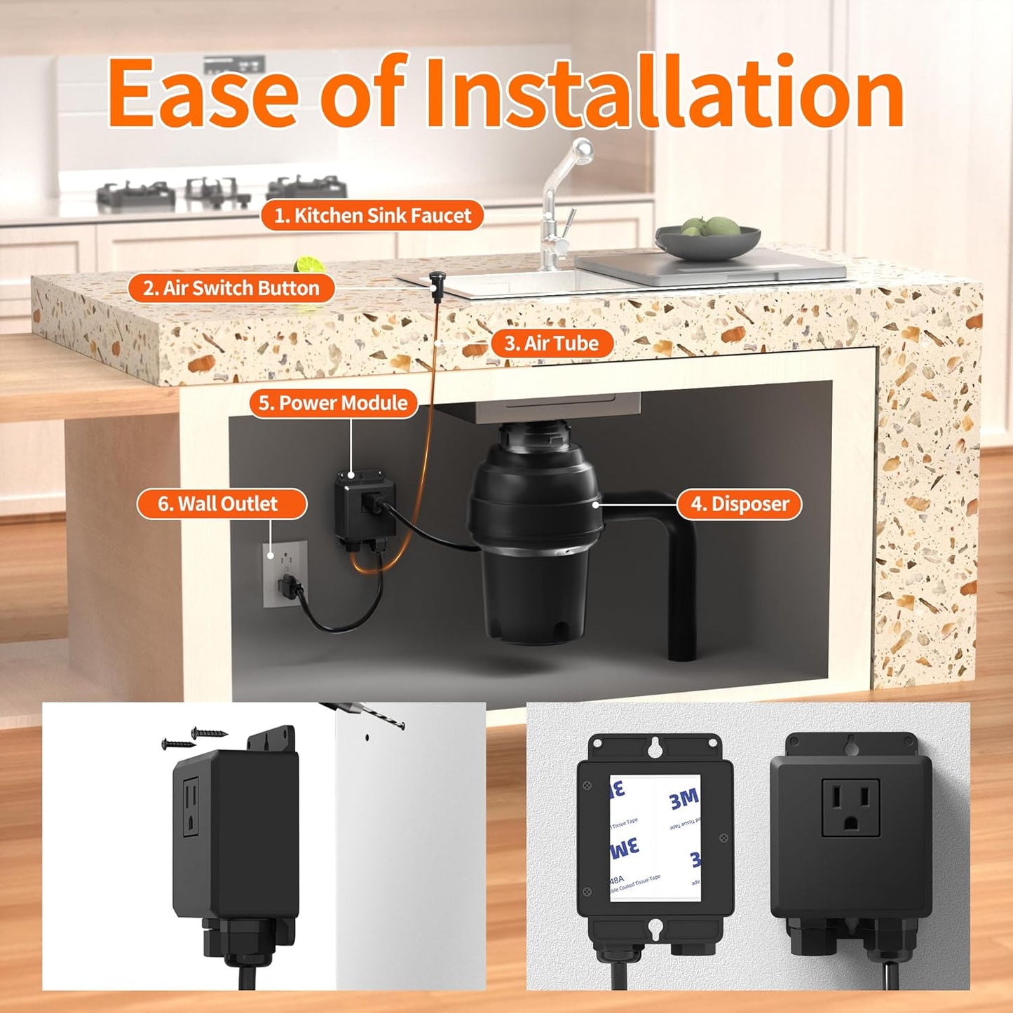 Joinfworld Garbage Disposal Air Switch Kit Waterproof Garbage Disposal Button Kit with Long Garbage Disposal Switch Matte Black - UL Listed