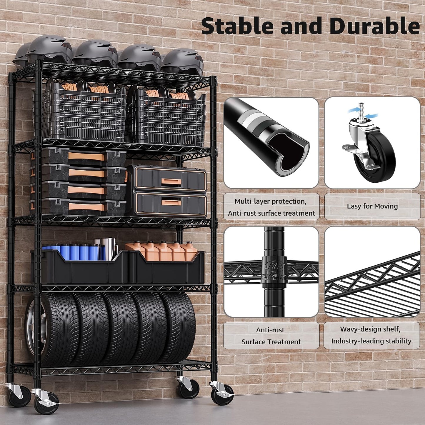 5-Shelf Storage Shelves,Wire Shelving Heavy Duty Metal Storage Shelving Unit Adjustable Garage Shelving Rack Pantry Kitchen (Black, 5 Tier,17.7" D x 47.2" W x 76.7" H)