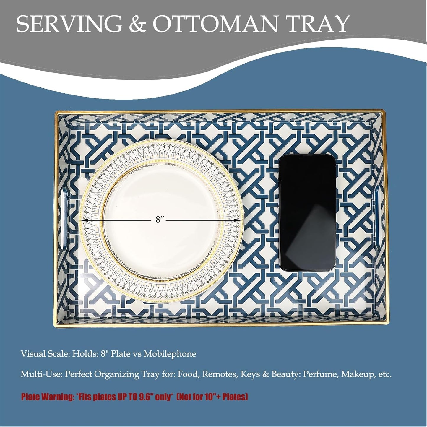 Spsyrine White Serving Tray, Plastic Marbling Tray for Coffee Table, Stylish Rectangular Decorative Tray with Handles, Ottoman Tray for Living Room, Bathroom, 15.6” X 10.2"