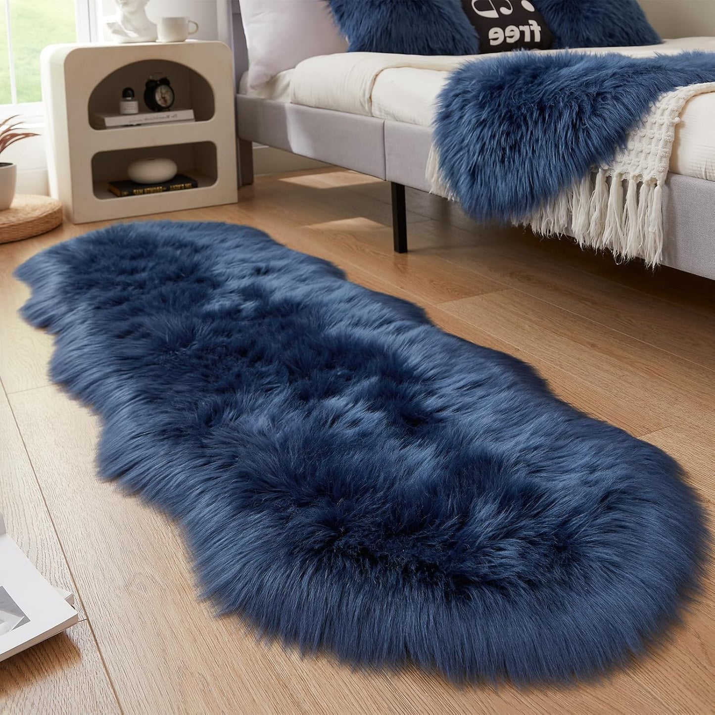 AMTOVO Faux Sheepskin Rug, Dark Blue Ultra Soft Fluffy Shag Area Rug, 2 x 6 ft Faux Fur Rug for Bedroom Sofa Throw Cushion Room Decor, Sheepskin