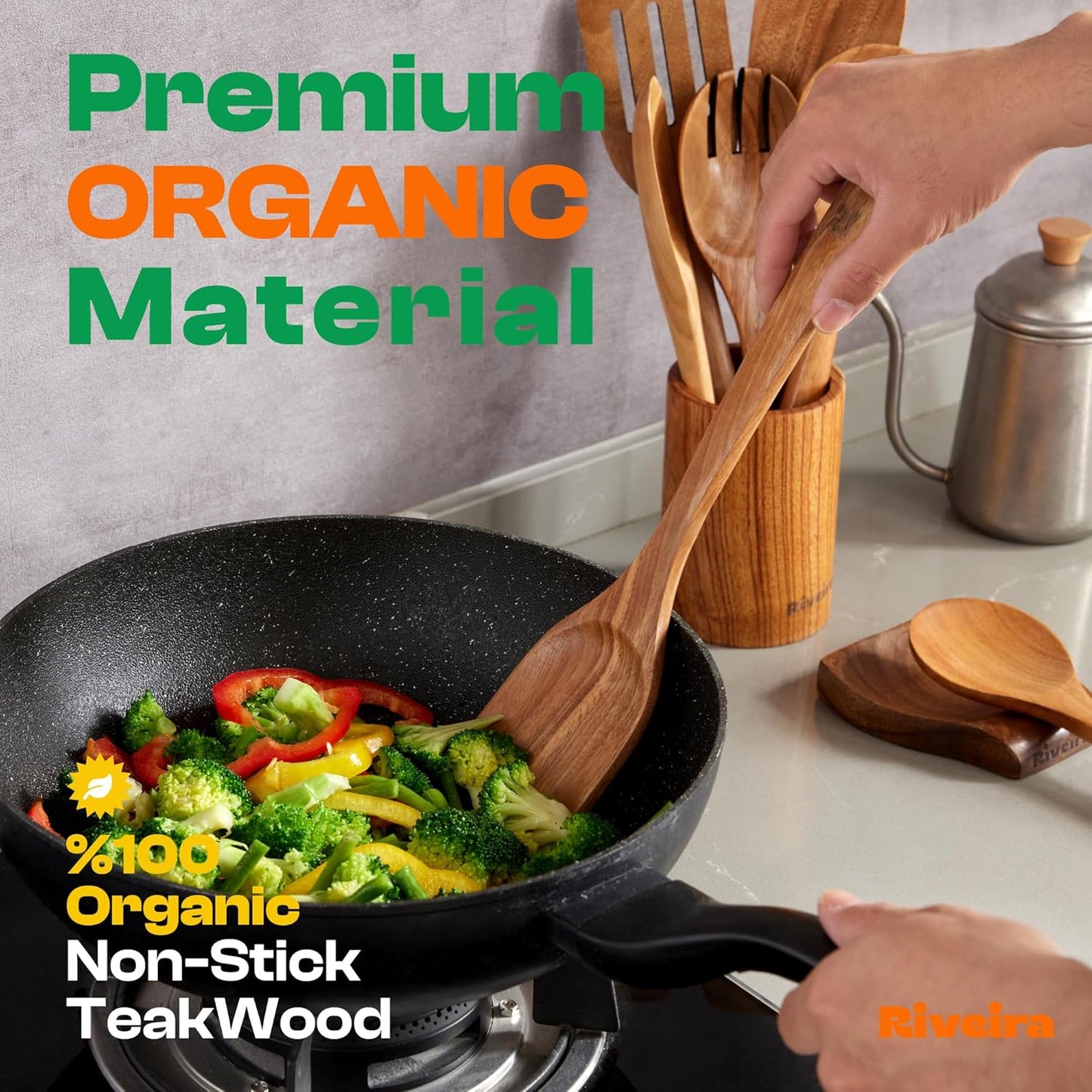 Riveira 9 Pieces Teak Wooden Spoons For Cooking – Premium & Durable Organic Teak Wooden Cooking Utensils – Non Stick Wooden Spatula For Cooking – Non Toxic Utensil Set With Holder & Spoon Rest